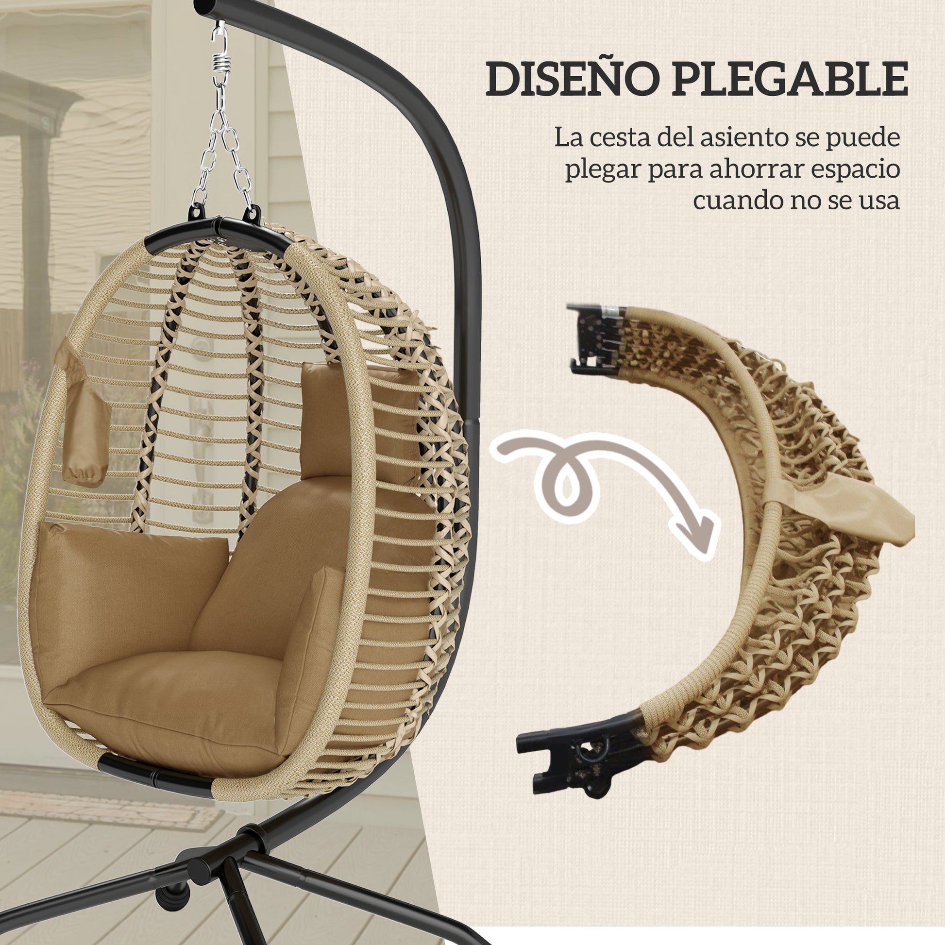 Outsunny Silla Colgante Huevo con Soporte Columpio de Jardín Exterior con Cesta Plegable Reposacabezas Cojín Bolsillo Lateral Columpio Colgante para Interior y Exterior Carga 120 kg Beige