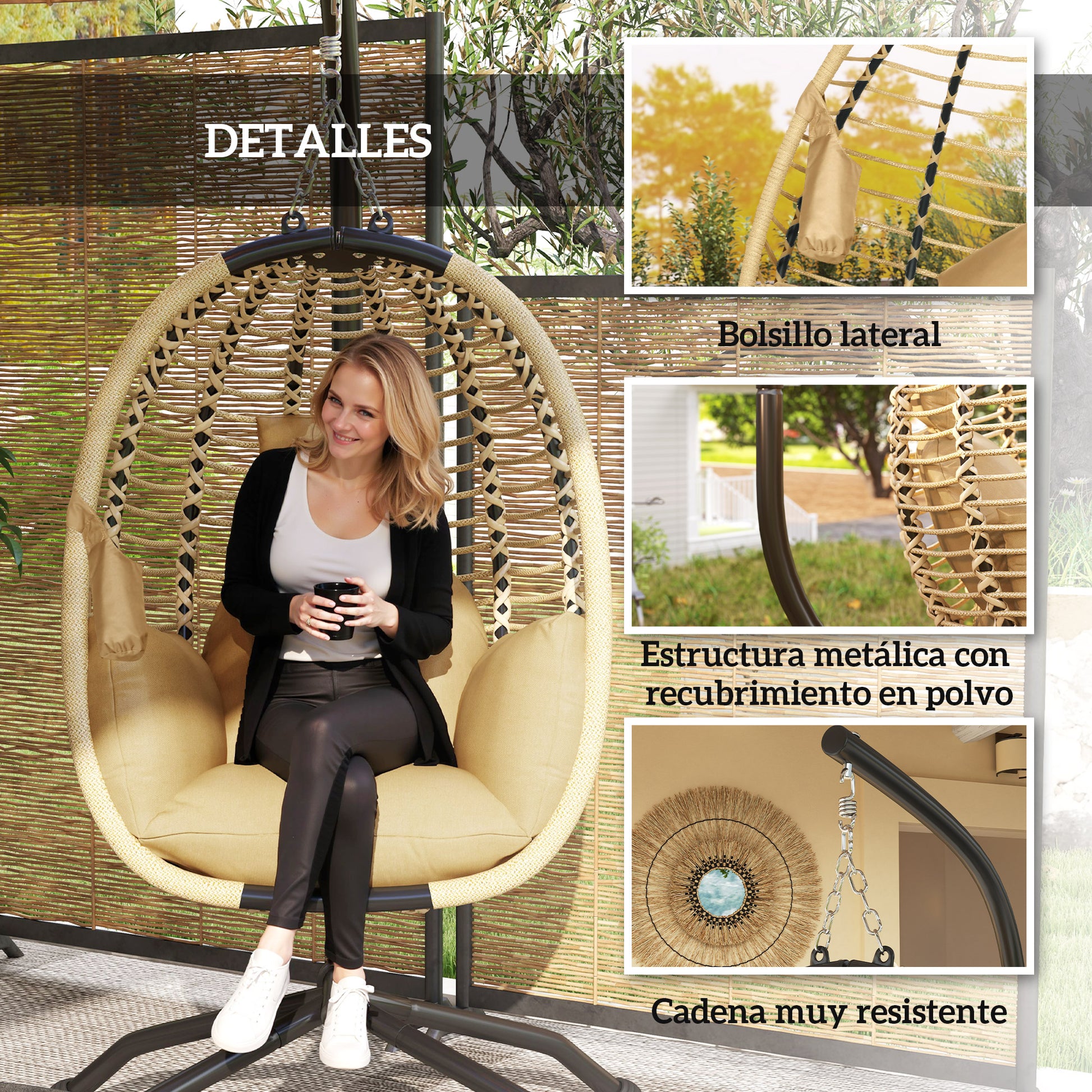 Outsunny Silla Colgante Huevo con Soporte Columpio de Jardín Exterior con Cesta Plegable Reposacabezas Cojín Bolsillo Lateral Columpio Colgante para Interior y Exterior Carga 120 kg Beige