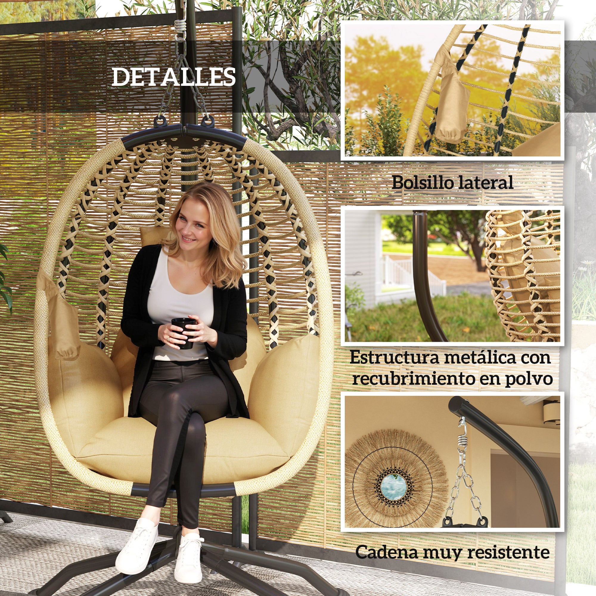 Outsunny Silla Colgante Huevo con Soporte Columpio de Jardín Exterior con Cesta Plegable Reposacabezas Cojín Bolsillo Lateral Columpio Colgante para Interior y Exterior Carga 120 kg Beige