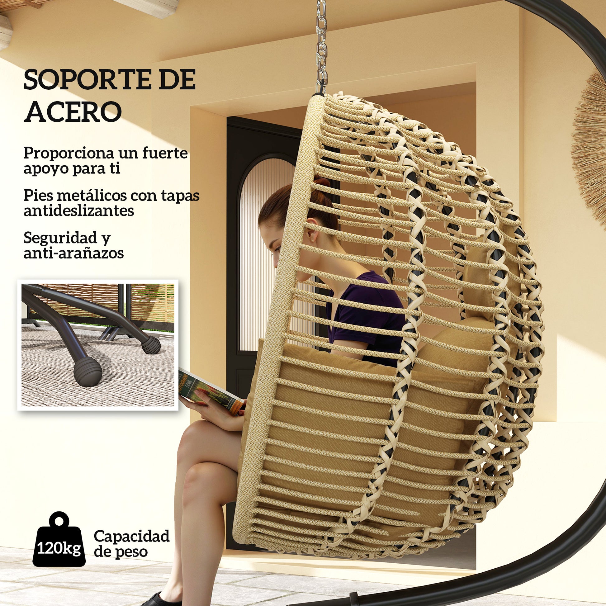 Outsunny Silla Colgante Huevo con Soporte Columpio de Jardín Exterior con Cesta Plegable Reposacabezas Cojín Bolsillo Lateral Columpio Colgante para Interior y Exterior Carga 120 kg Beige