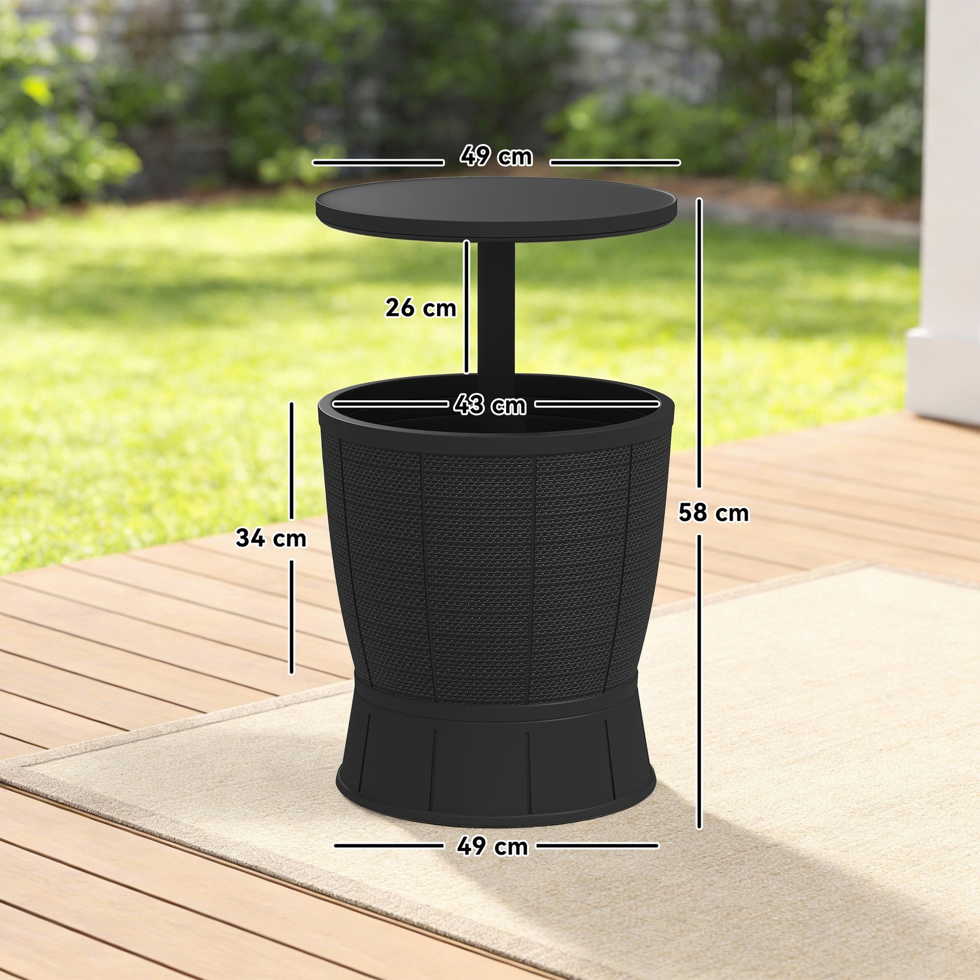 Outsunny Mesa Nevera para Exterior, 41 L, 3 en 1, Cool Bar, Mesa Auxiliar, Altura Ajustable 58-84 cm, con Cubo de Hielo, Tapa Superior Elevable, para Fiesta, Piscina, Jardín, Patio, Negro