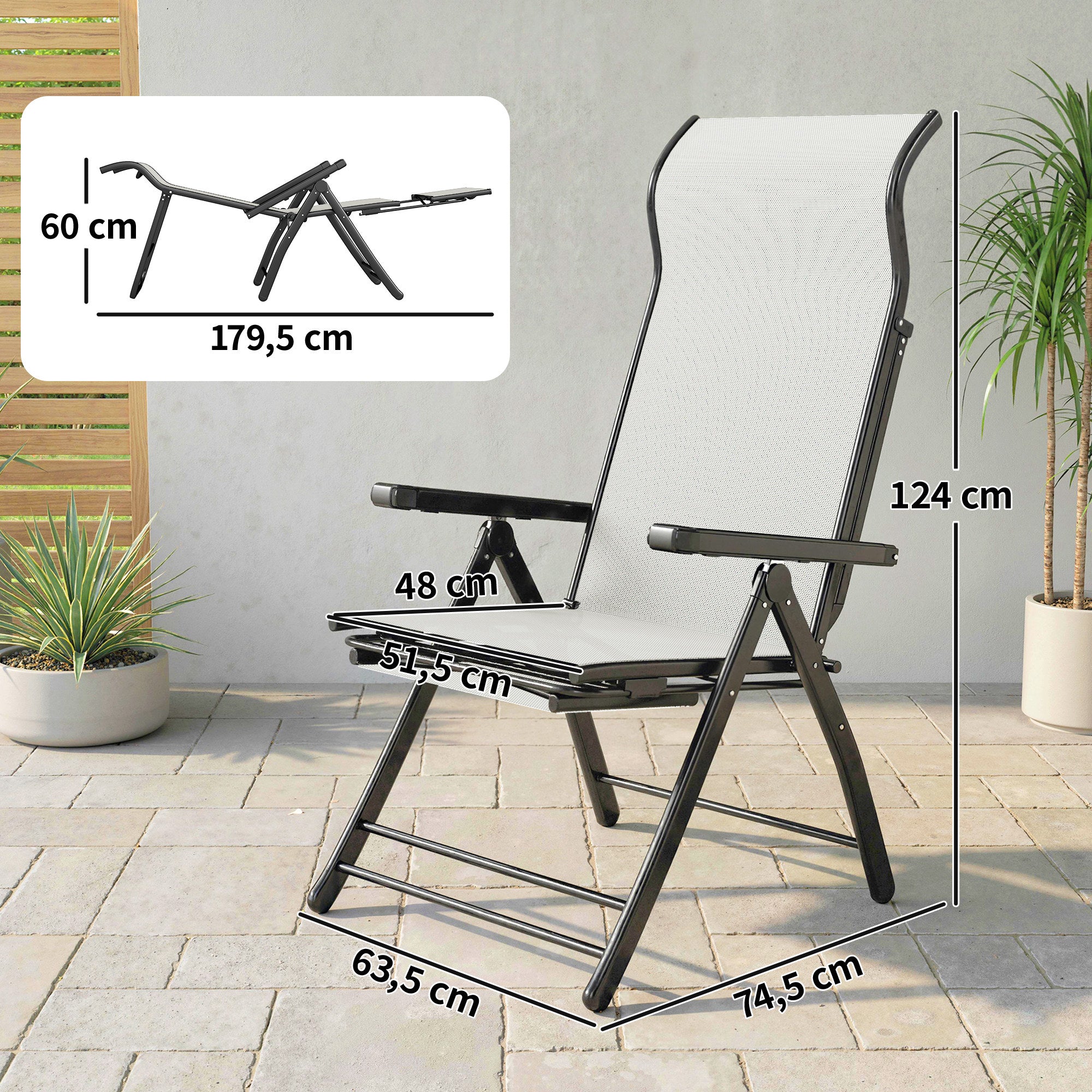 Outsunny Pack de 2 Sillas Plegables Reclinables, Sillas de Jardín Exterior con Respaldo Alto Curva Ajustable en 5 Posiciones, Reposapiés Retráctil y Marco de Metal, para Patio, Playa, Gris Claro