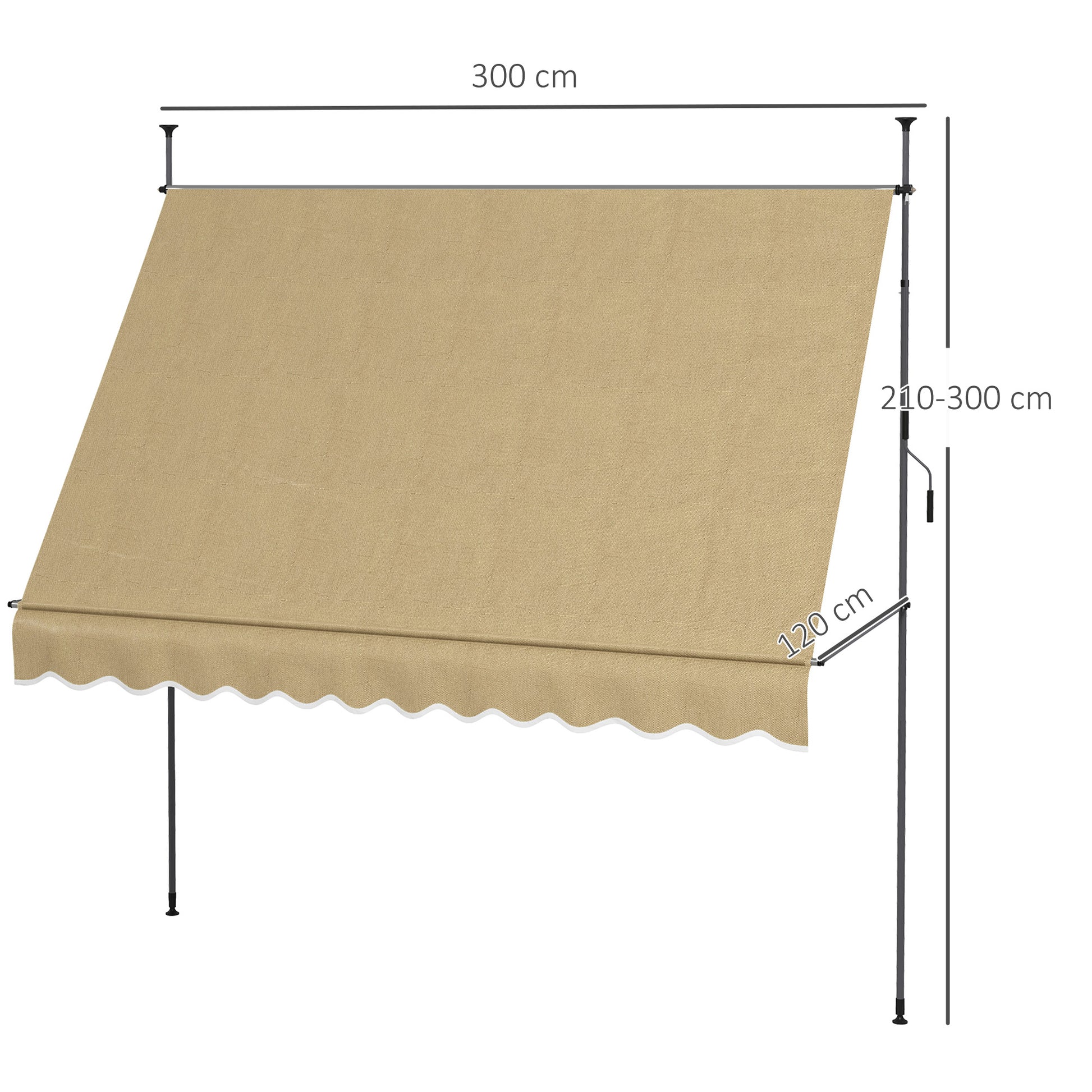 Outsunny Toldo Manual Retráctil 3x1,2 m Toldo Exterior Terraza Enrollable Altura Ajustable con Manivela 210-300 cm Sin Taladro Protección UV30+ para Balcón Jardín Beige