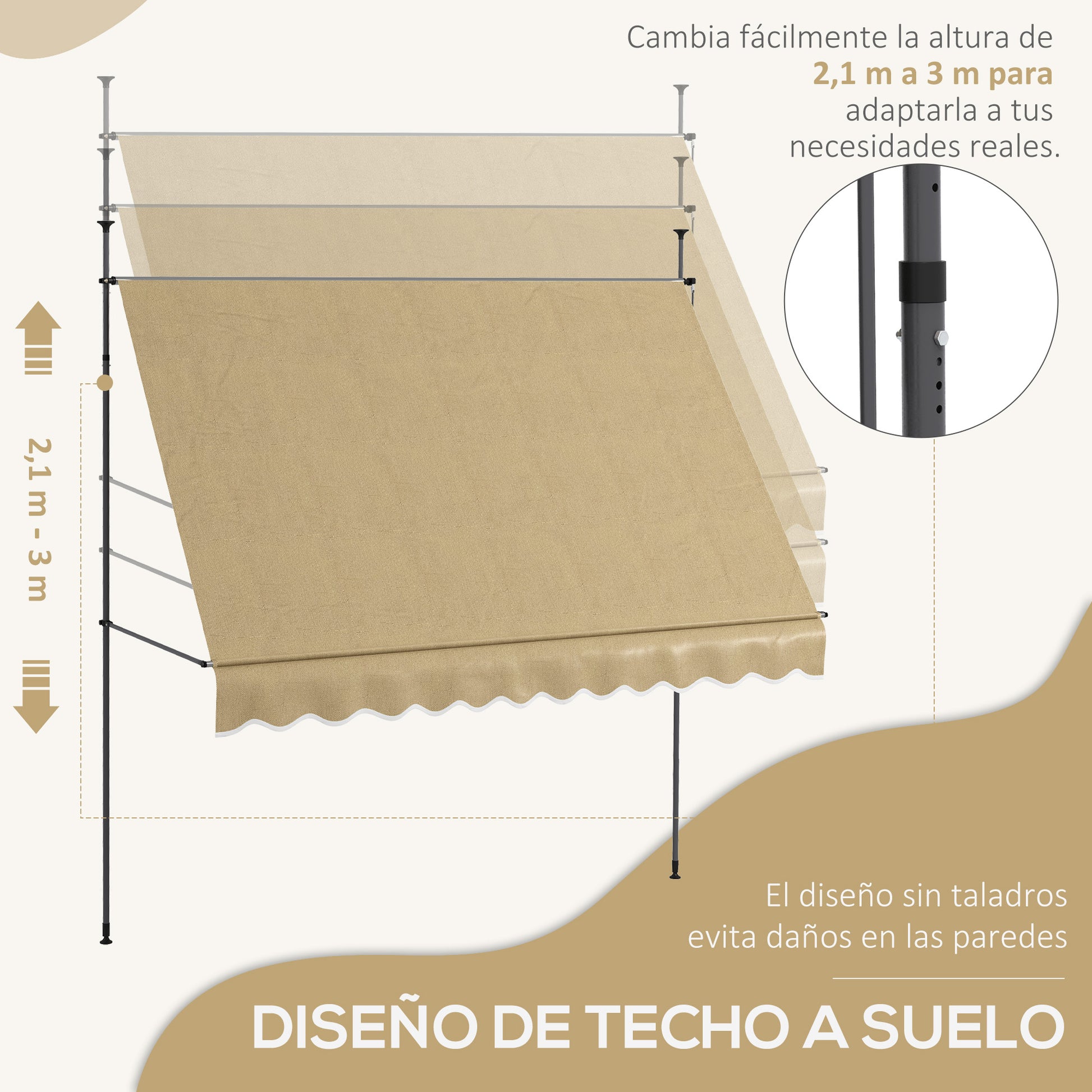 Outsunny Toldo Manual Retráctil 3x1,2 m Toldo Exterior Terraza Enrollable Altura Ajustable con Manivela 210-300 cm Sin Taladro Protección UV30+ para Balcón Jardín Beige
