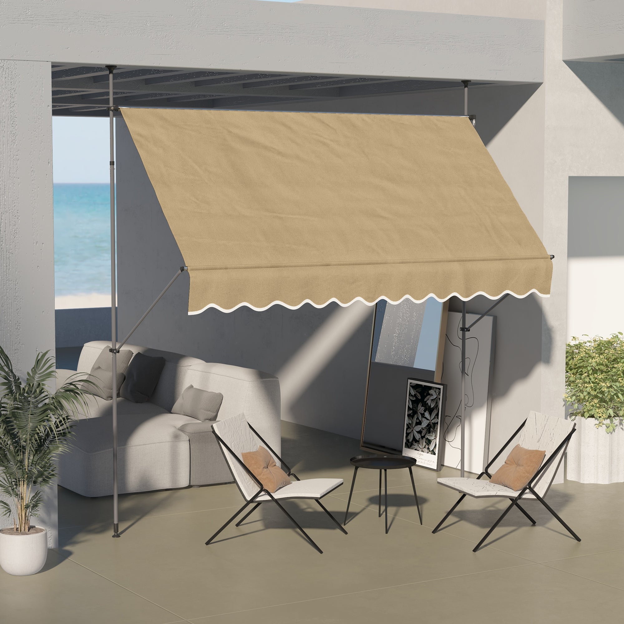 Outsunny Toldo Manual Retráctil 3x1,2 m Toldo Exterior Terraza Enrollable Altura Ajustable con Manivela 210-300 cm Sin Taladro Protección UV30+ para Balcón Jardín Beige