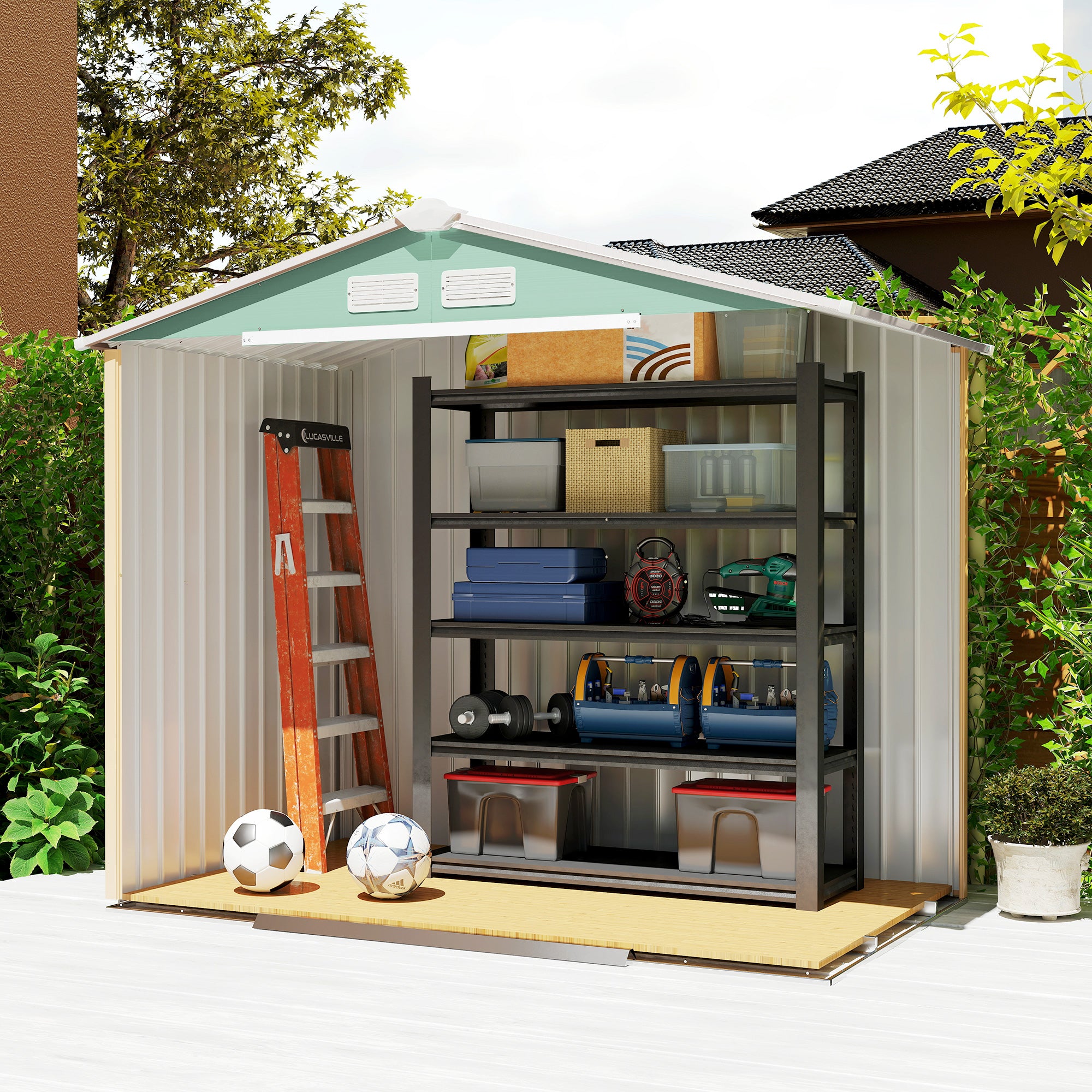 Outsunny Caseta de Jardín Exterior, 2,5 m² 213x130x185 cm, Cobertizo de Jardín Exterior Metálico con 2 Puertas Correderas, Base Refuerzo (Suelo NO Incluido) y 4 Ventanas, Verde Claro