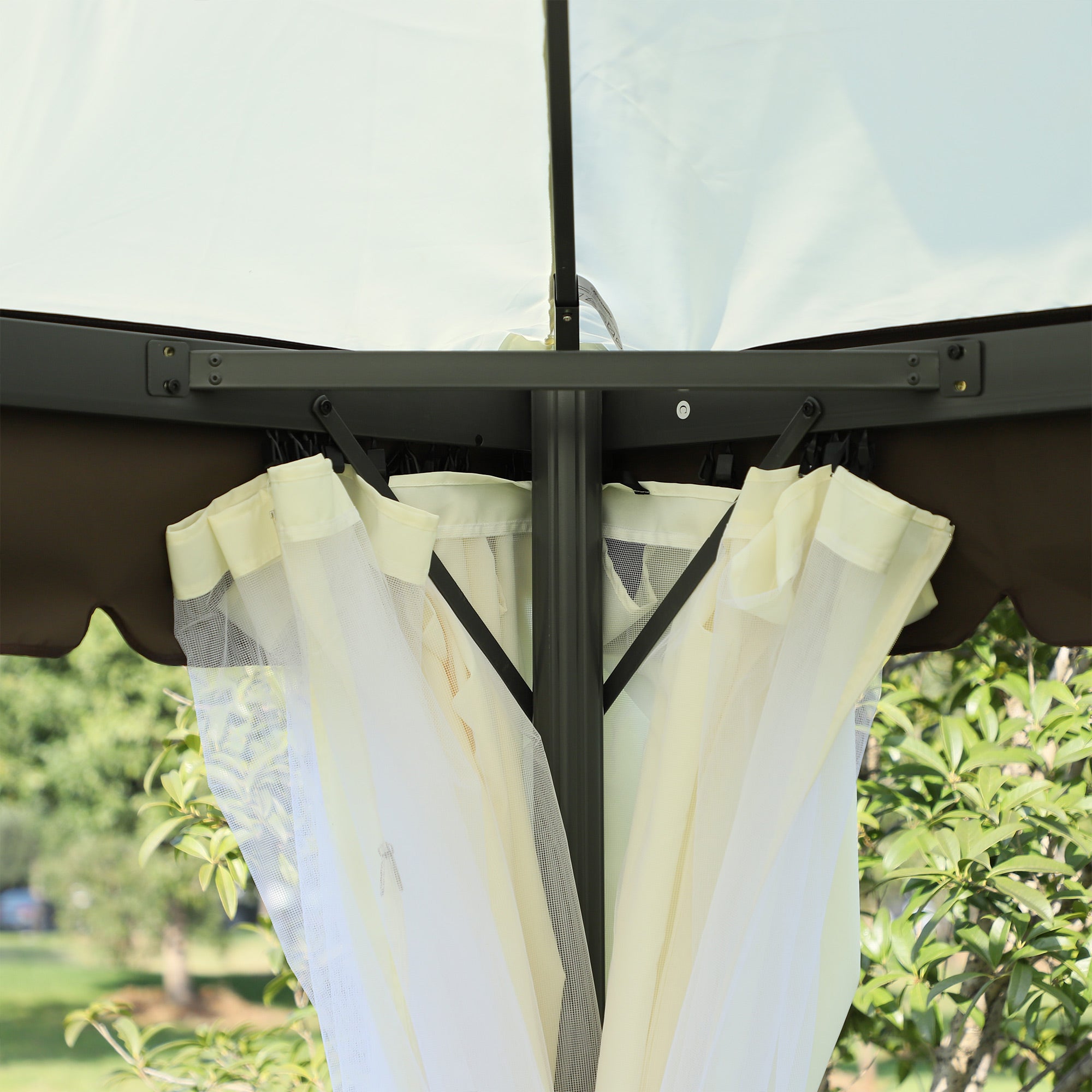 Outsunny Cenador de Jardín 4x3 m, Pabellón de Jardín Gazebo con Doble Techo, 4 Cortinas y Mosquitera, Marco de Aluminio, Orificios de Drenaje, UPF50+, Carpa para Exterior, Terraza, Patio, Blanco Crema