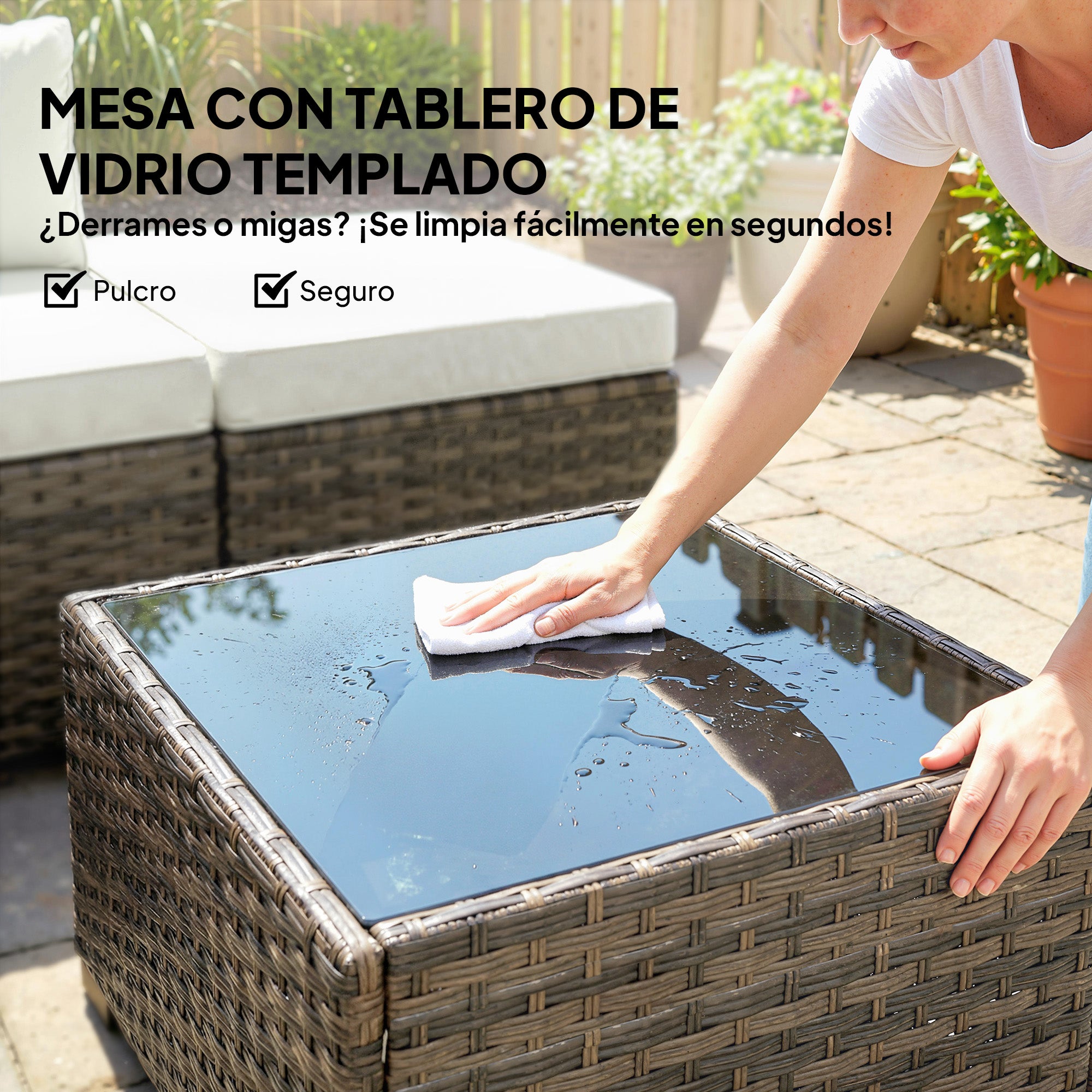 Outsunny Conjunto de Jardín de Ratán de 6 Piezas, Conjunto Terraza Resistente, Muebles Jardín Exterior Incluye Cojines, 4 Módulos de Asiento, 1 Sofá Esquinero y Mesa Centro de Vidrio, Amarillo Mixto