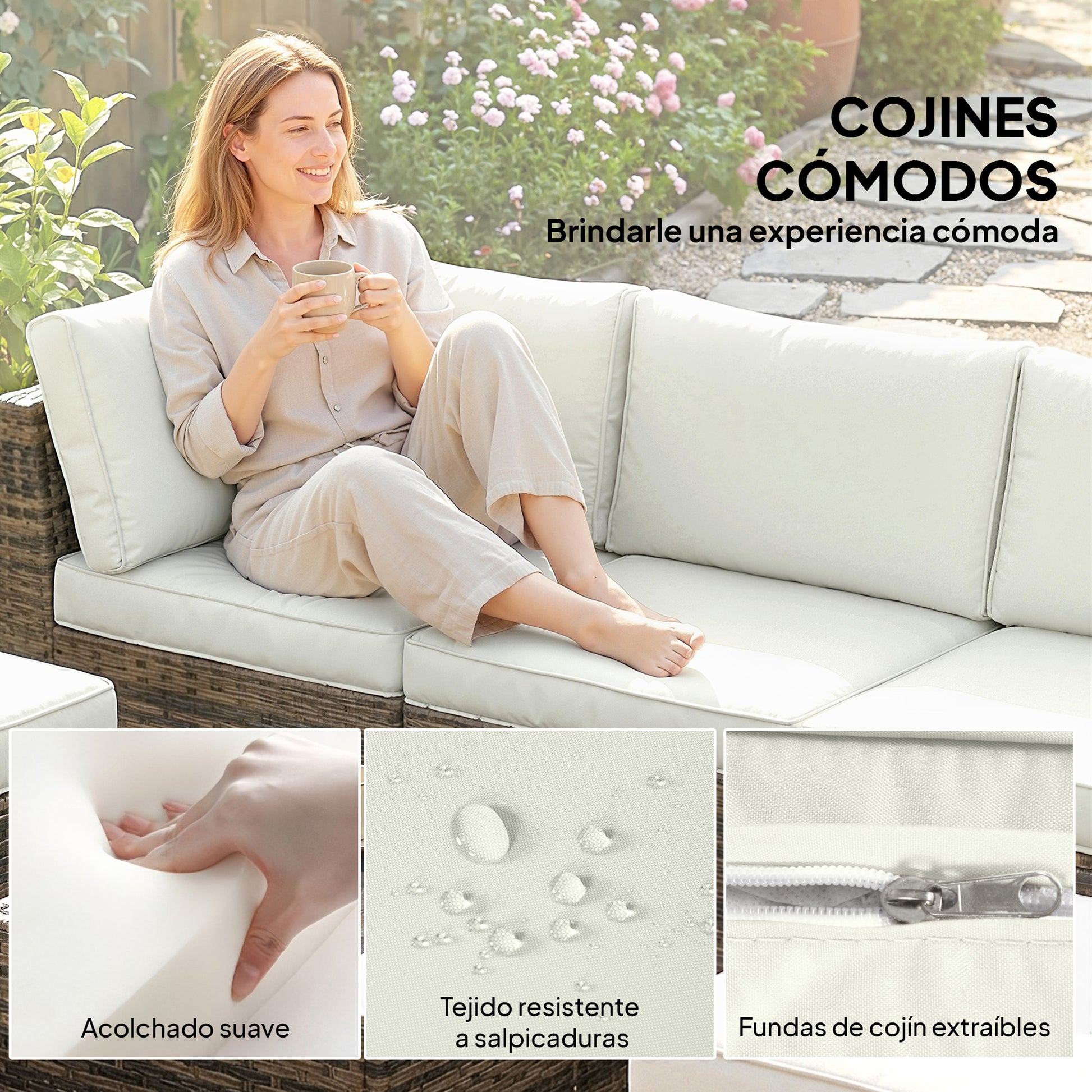Outsunny Conjunto de Jardín de Ratán de 6 Piezas, Conjunto Terraza Resistente, Muebles Jardín Exterior Incluye Cojines, 4 Módulos de Asiento, 1 Sofá Esquinero y Mesa Centro de Vidrio, Amarillo Mixto