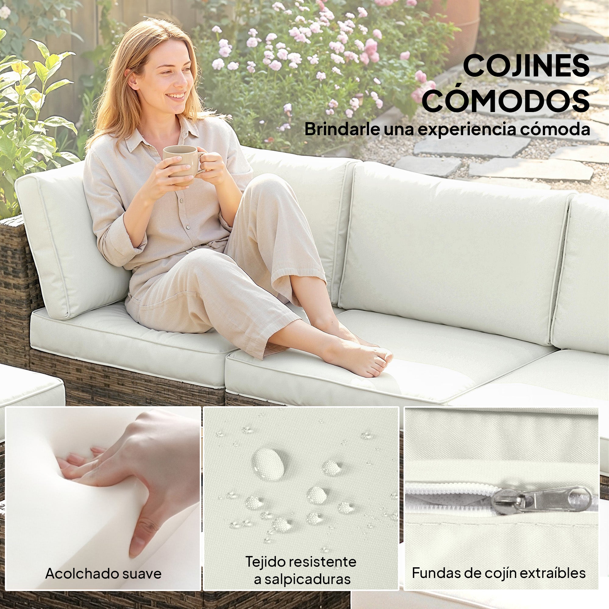 Outsunny Conjunto de Jardín de Ratán de 6 Piezas, Conjunto Terraza Resistente, Muebles Jardín Exterior Incluye Cojines, 4 Módulos de Asiento, 1 Sofá Esquinero y Mesa Centro de Vidrio, Amarillo Mixto
