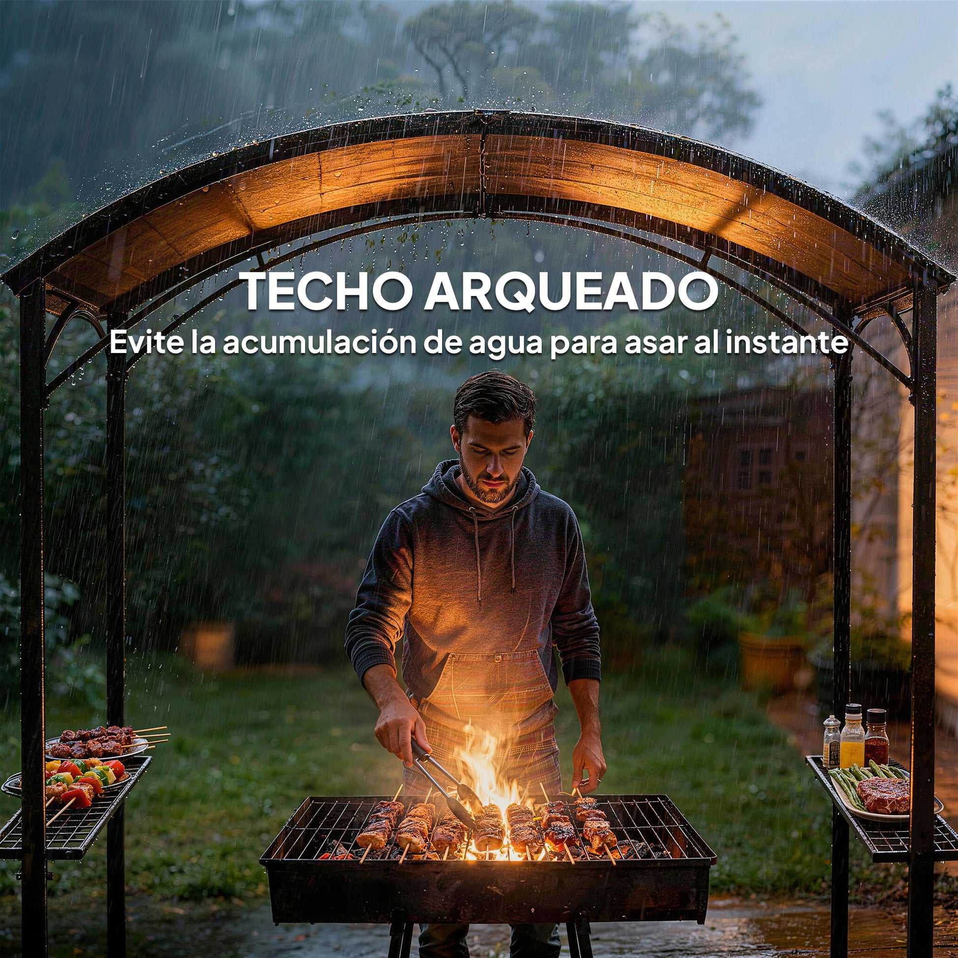 Outsunny Carpa Barbacoa 2,4 x 1,5 m, Cenador de Pérgola con 2 Estantes Laterales, Toldo Resistente a la intemperie, Ganchos y Estructura de Acero, para Jardín Terraza Exterior Camping BBQ, Gris Oscuro