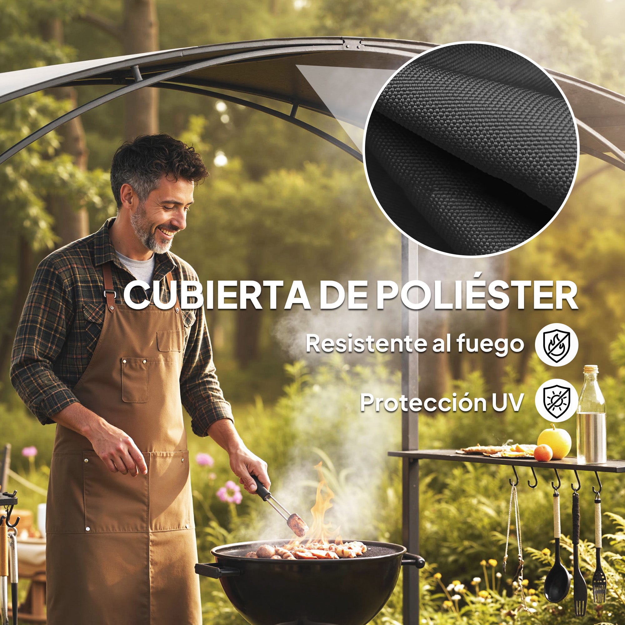 Outsunny Carpa Barbacoa 2,4 x 1,5 m, Cenador de Pérgola con 2 Estantes Laterales, Toldo Resistente a la intemperie, Ganchos y Estructura de Acero, para Jardín Terraza Exterior Camping BBQ, Gris Oscuro