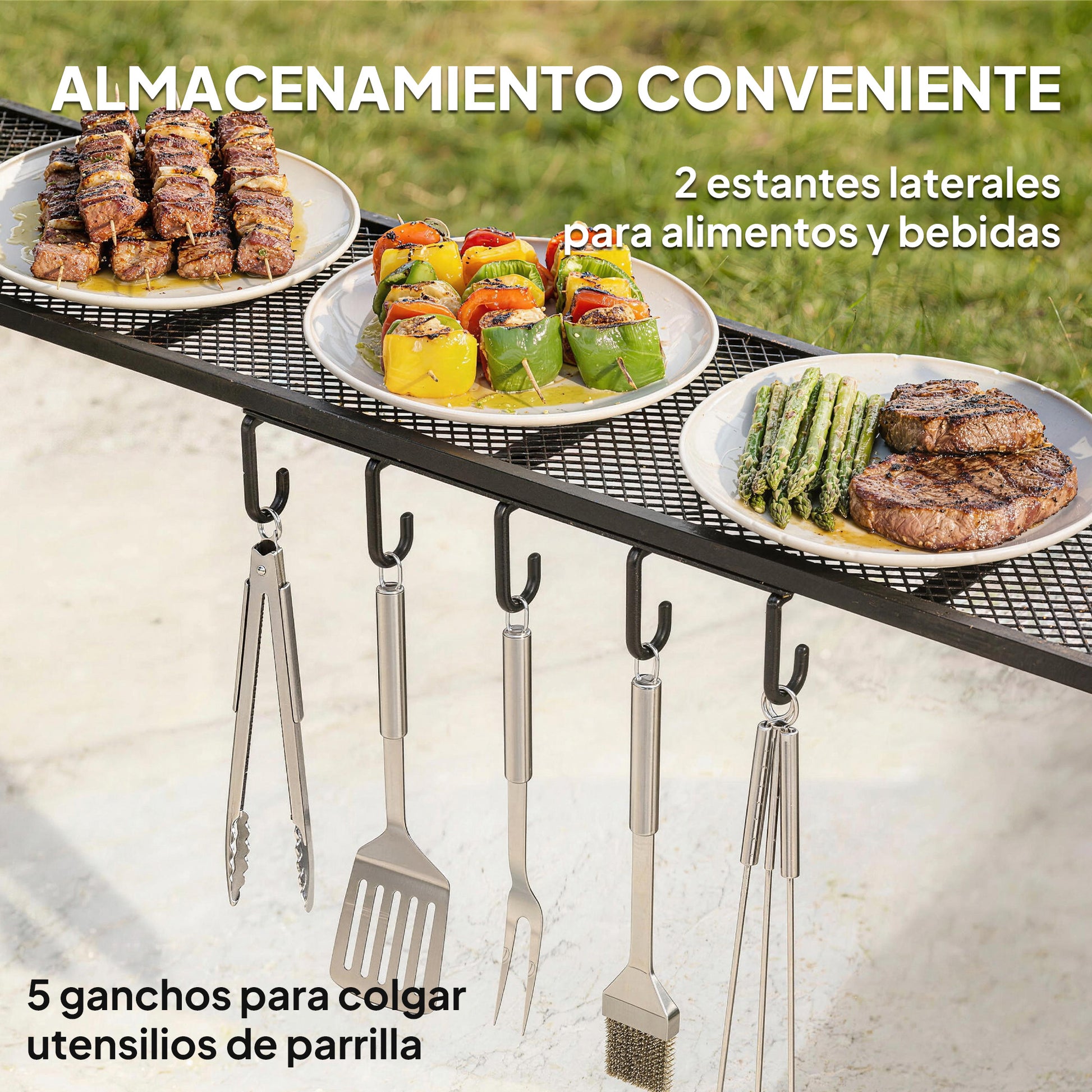 Outsunny Carpa Barbacoa 2,4 x 1,5 m, Cenador de Pérgola con 2 Estantes Laterales, Toldo Resistente a la intemperie, Ganchos y Estructura de Acero, para Jardín Terraza Exterior Camping BBQ, Gris Oscuro