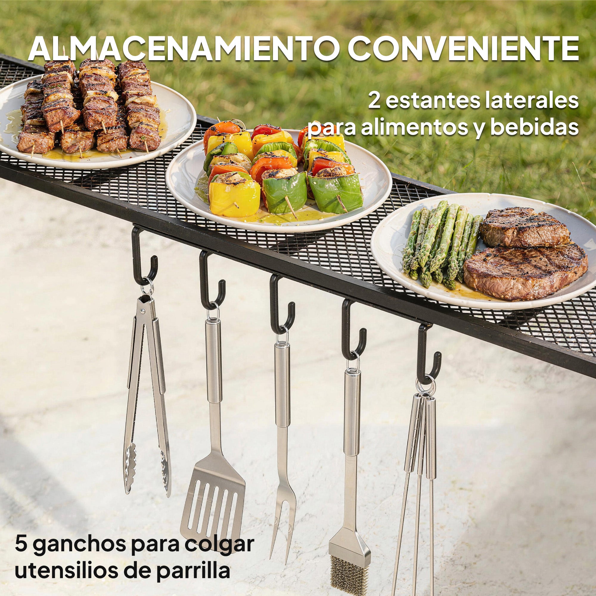 Outsunny Carpa Barbacoa 2,4 x 1,5 m, Cenador de Pérgola con 2 Estantes Laterales, Toldo Resistente a la intemperie, Ganchos y Estructura de Acero, para Jardín Terraza Exterior Camping BBQ, Gris Oscuro
