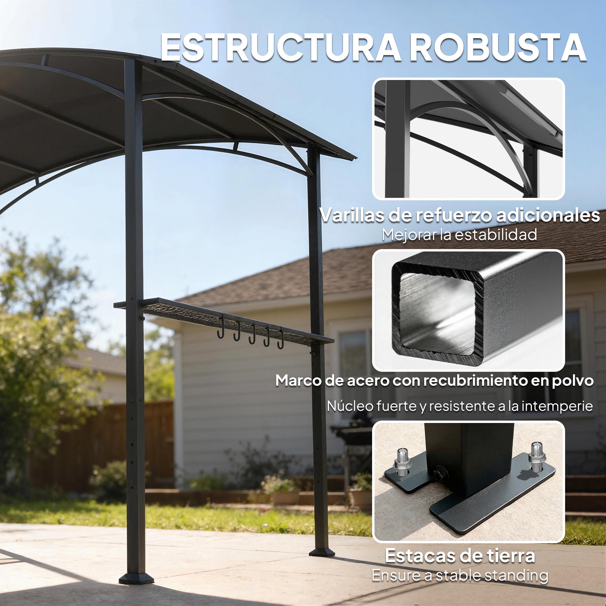 Outsunny Carpa Barbacoa 2,4 x 1,5 m, Cenador de Pérgola con 2 Estantes Laterales, Toldo Resistente a la intemperie, Ganchos y Estructura de Acero, para Jardín Terraza Exterior Camping BBQ, Gris Oscuro