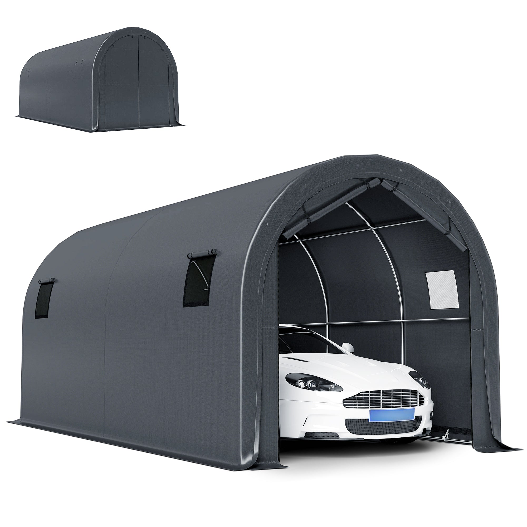 Outsunny Carpa Garaje Portátil 3x6 m, Garaje Exterior para Coche Impermeable con Puerta Enrollable con Cremalleras y 4 Ventanas, Marco Metal Galvanizado, UPF 30+, Cobertizo de Almacenamiento, Gris