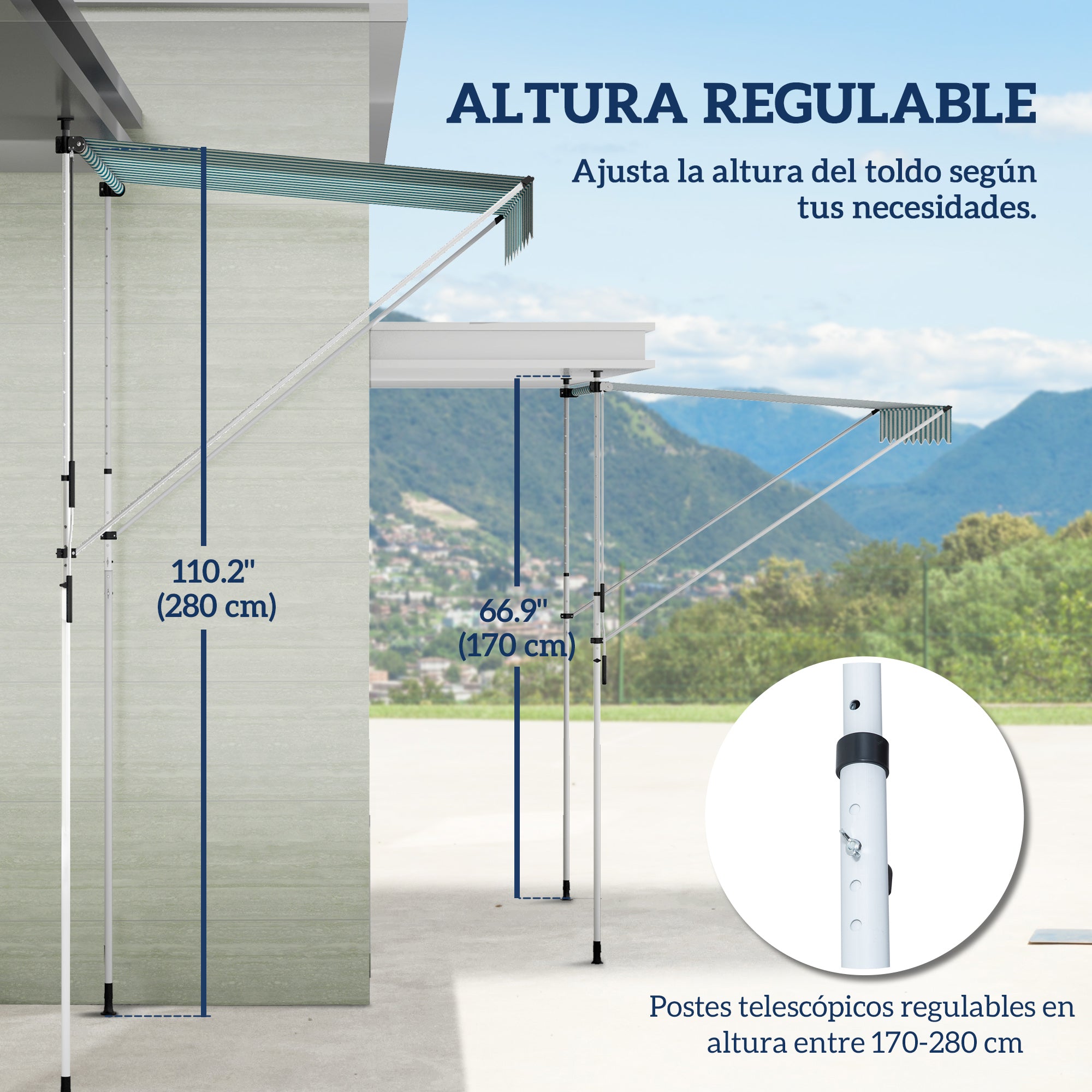Outsunny Toldo Manual Retráctil 2x1,5 m Toldo Exterior Terraza Enrollable Altura Ajustable con Manivela 170-280 cm Sin Taladro para Balcón Jardín Verde y Blanco