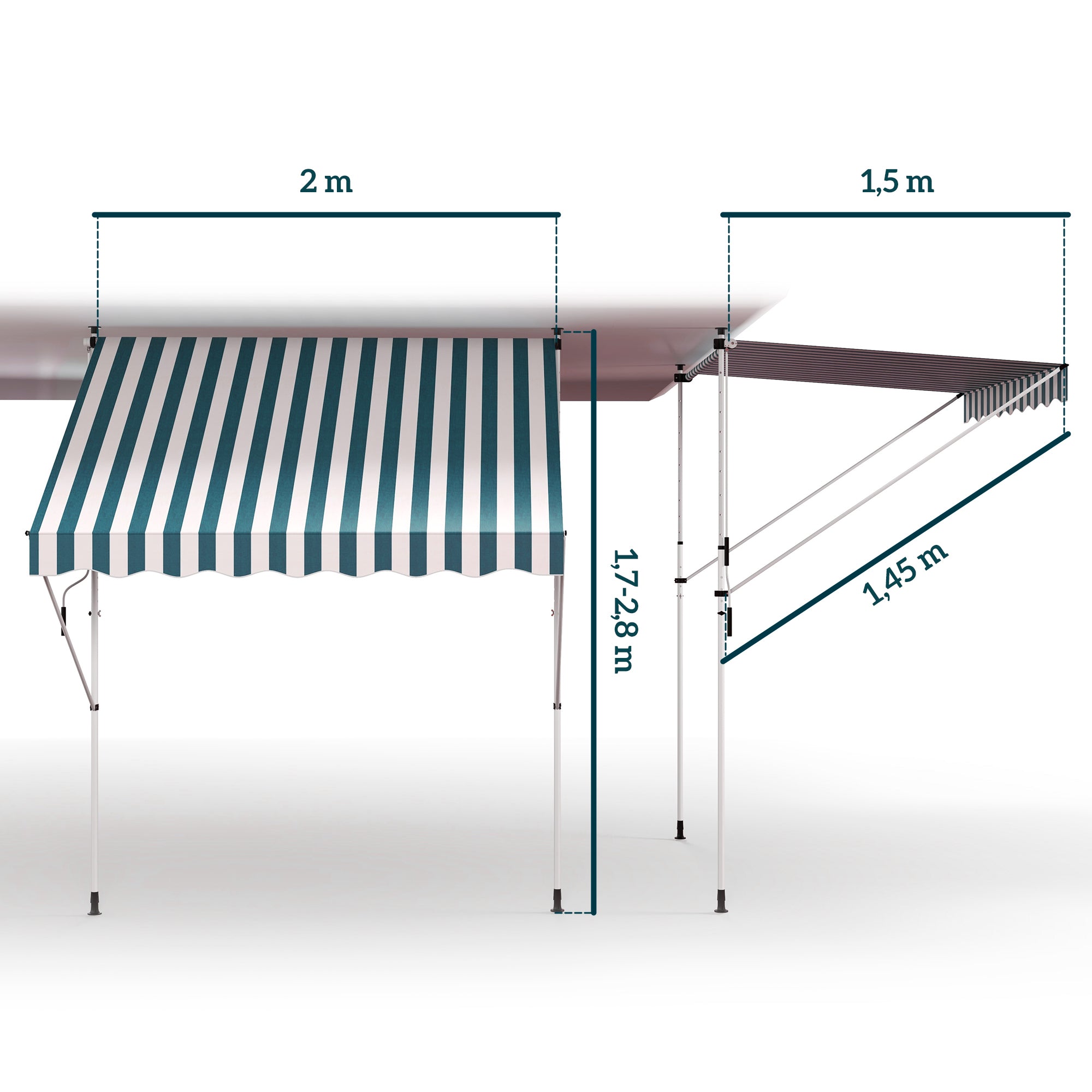 Outsunny Toldo Manual Retráctil 2x1,5 m Toldo Exterior Terraza Enrollable Altura Ajustable con Manivela 170-280 cm Sin Taladro para Balcón Jardín Verde y Blanco