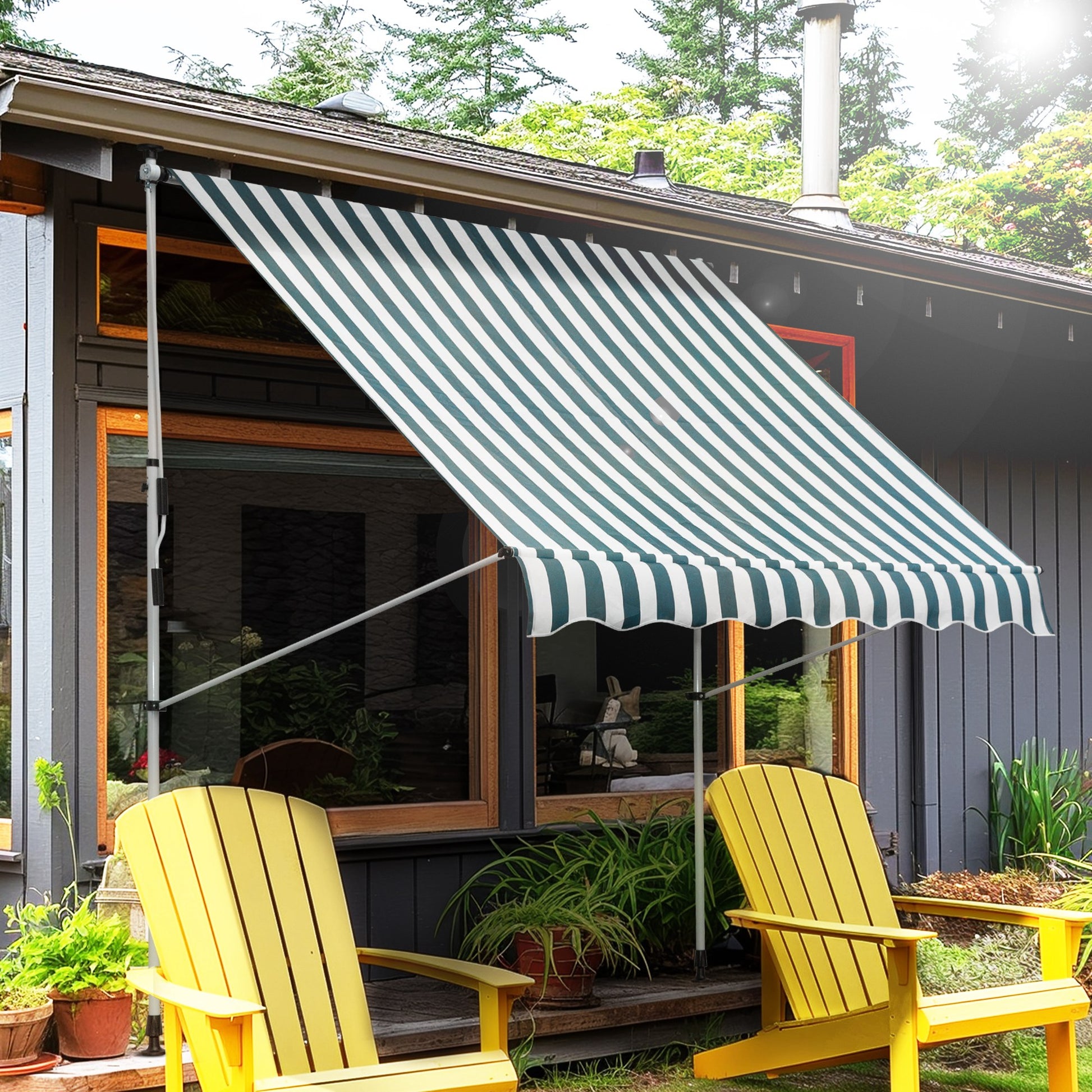 Outsunny Toldo Manual Retráctil 2x1,5 m Toldo Exterior Terraza Enrollable Altura Ajustable con Manivela 170-280 cm Sin Taladro para Balcón Jardín Verde y Blanco