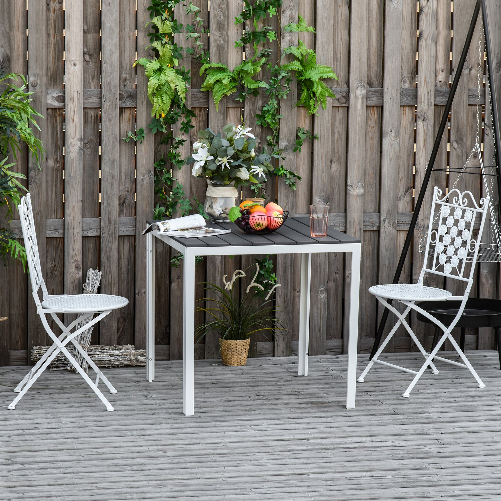 Outsunny Mesa de Jardín Cuadrada con Marco de Metal Mesa de Comedor para Exteriores Mesa Auxiliar Carga Máx. 50 kg 78x78x74 cm Blanco Gris Oscuro
