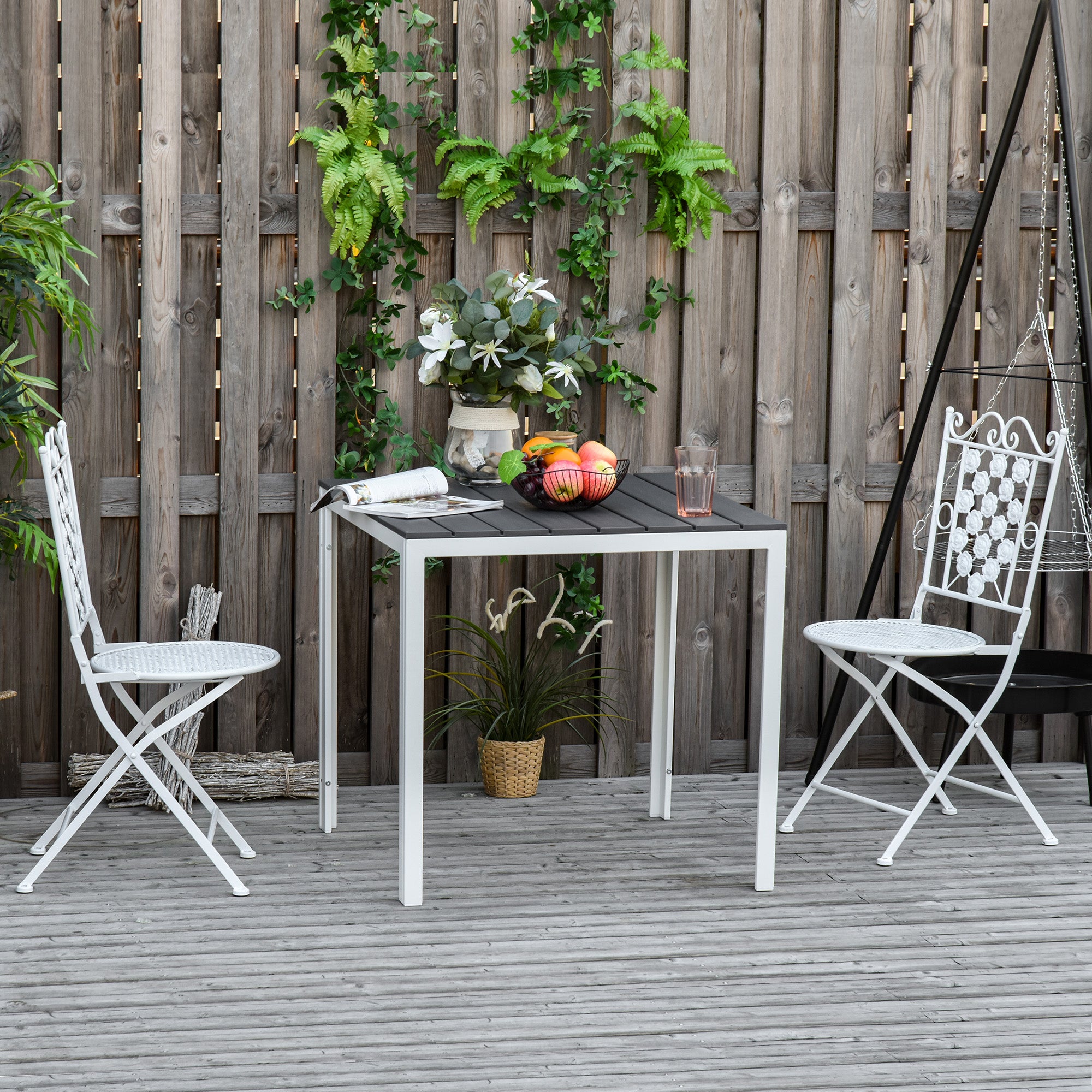 Outsunny Mesa de Jardín Cuadrada con Marco de Metal Mesa de Comedor para Exteriores Mesa Auxiliar Carga Máx. 50 kg 78x78x74 cm Blanco Gris Oscuro