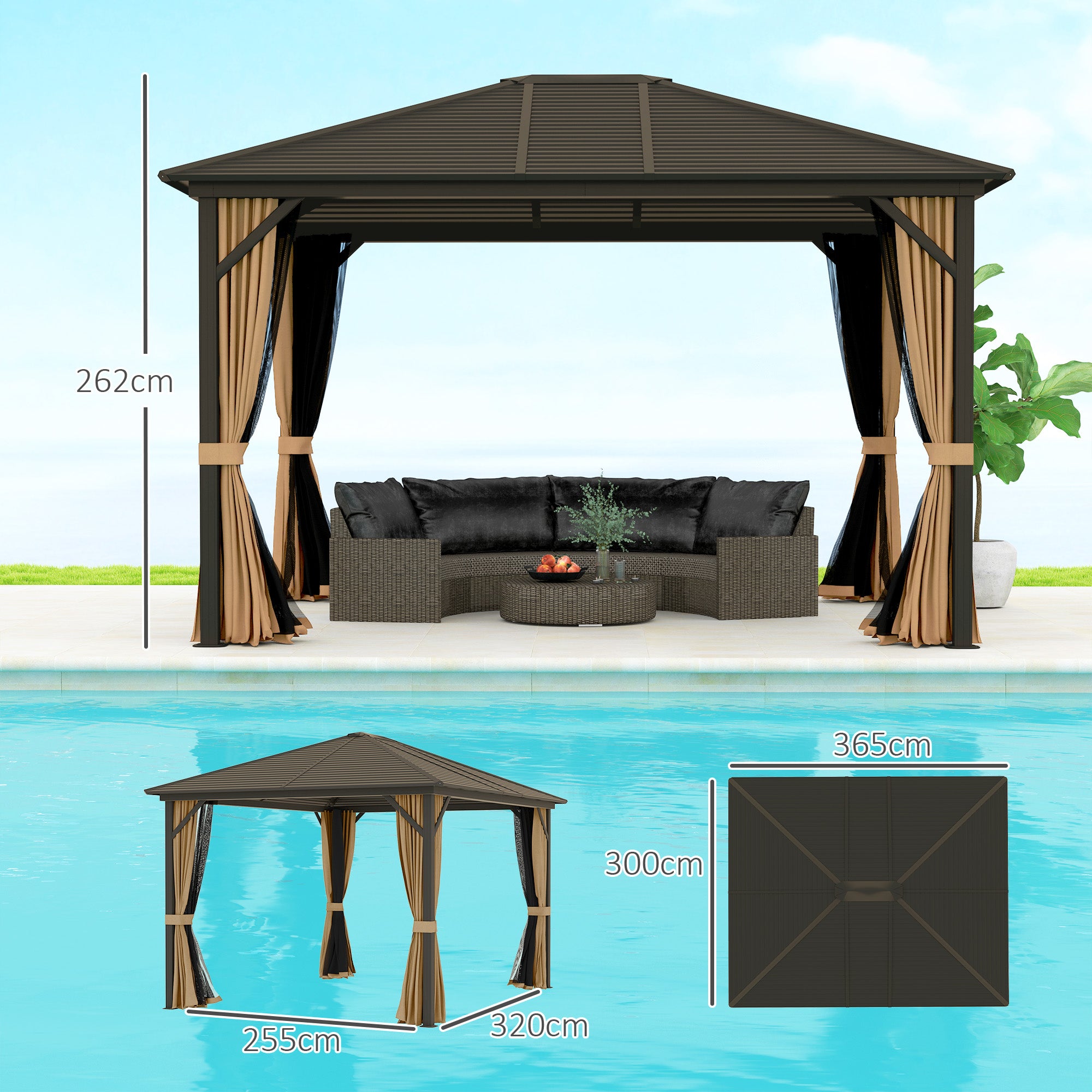 Outsunny Cenador para Jardín 3x3,6 m Pérgola de Jardín Gazebo con Doble Techo 4 Paredes Laterales 4 Mosquiteras Anti-UV y Marco de Aluminio Carpa para Exterior Terraza Patio Café