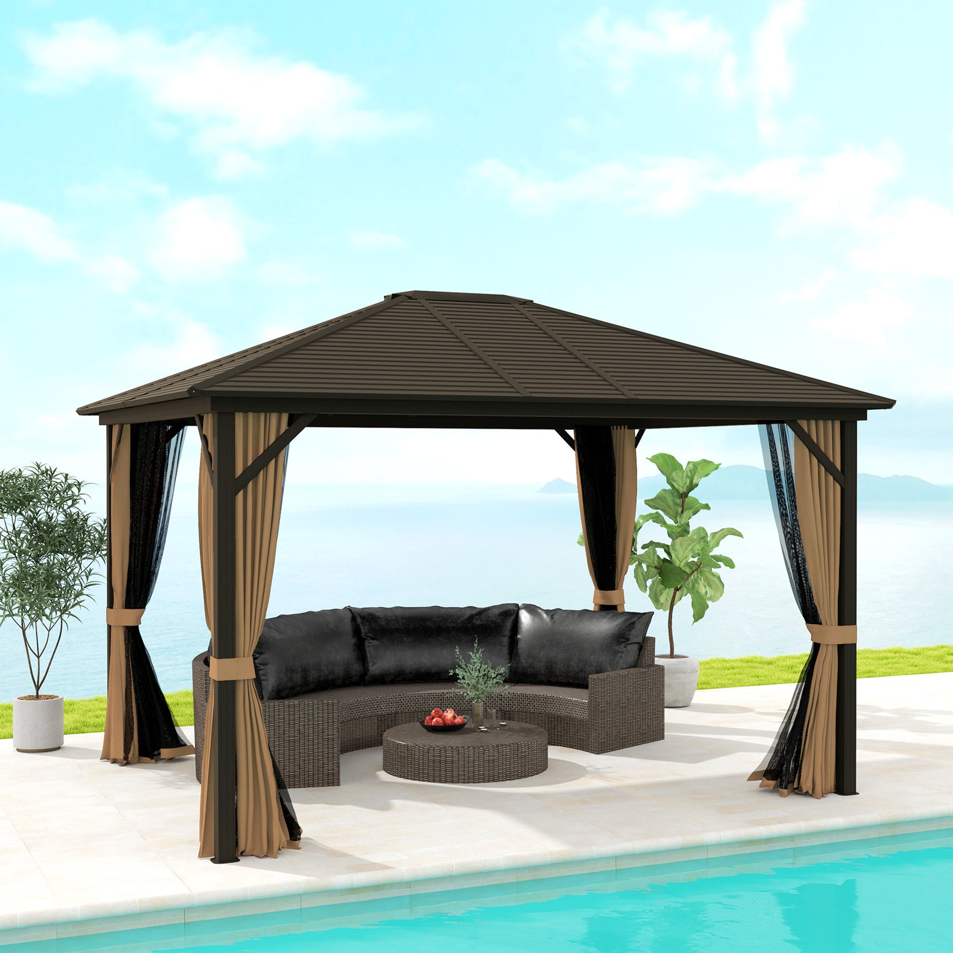 Outsunny Cenador para Jardín 3x3,6 m Pérgola de Jardín Gazebo con Doble Techo 4 Paredes Laterales 4 Mosquiteras Anti-UV y Marco de Aluminio Carpa para Exterior Terraza Patio Café