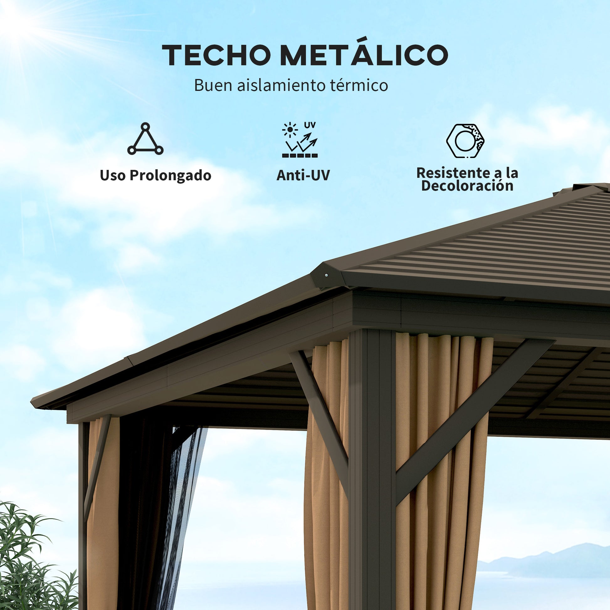 Outsunny Cenador para Jardín 3x3,6 m Pérgola de Jardín Gazebo con Doble Techo 4 Paredes Laterales 4 Mosquiteras Anti-UV y Marco de Aluminio Carpa para Exterior Terraza Patio Café