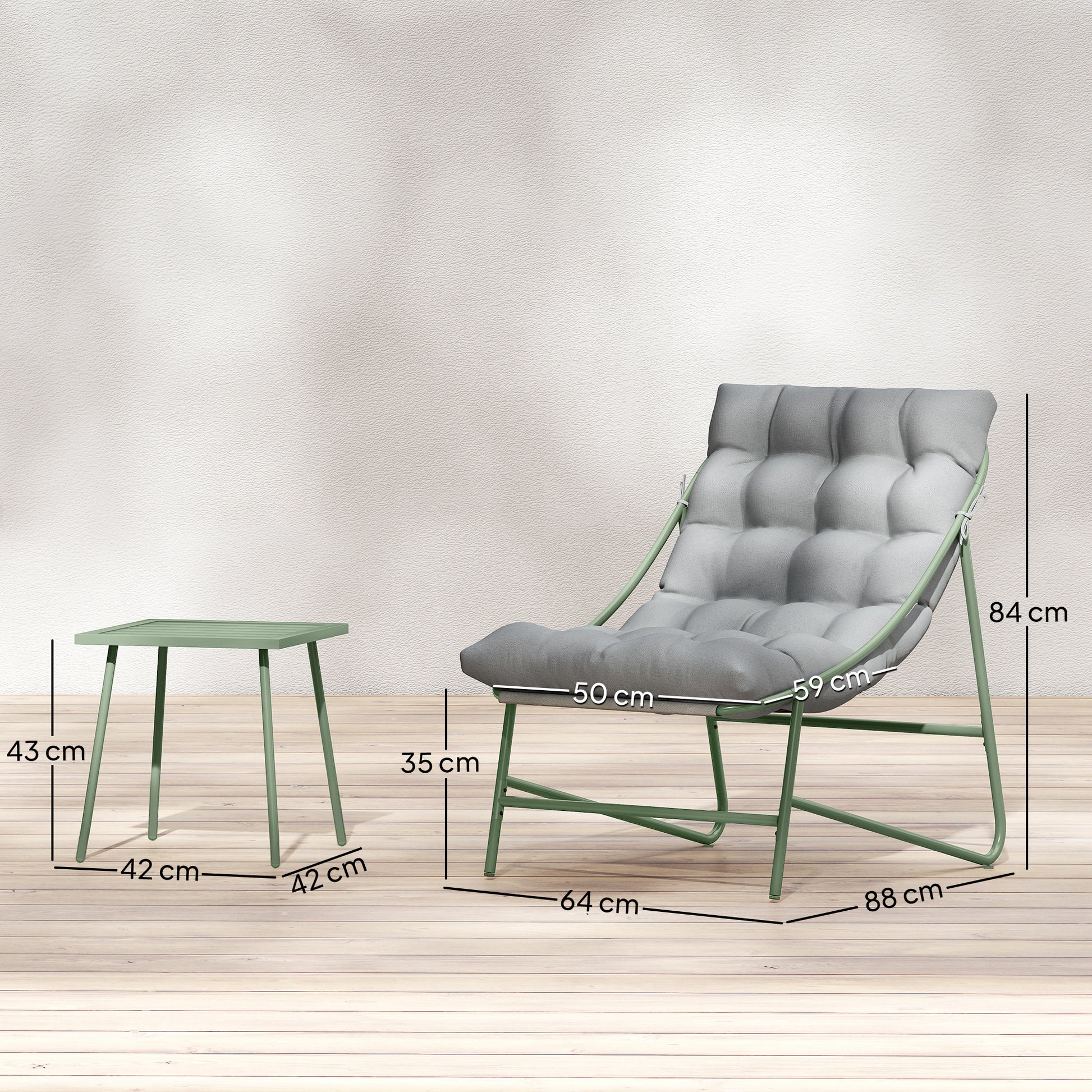 Outsunny Conjunto de Mesa y Sillas de Terraza Exterior de 3 Piezas, Muebles de Jardín Exterior con Cojines, 2 Sillas Lounge, Mesa de Café y Estructura de Acero, para Patio, Gris Claro