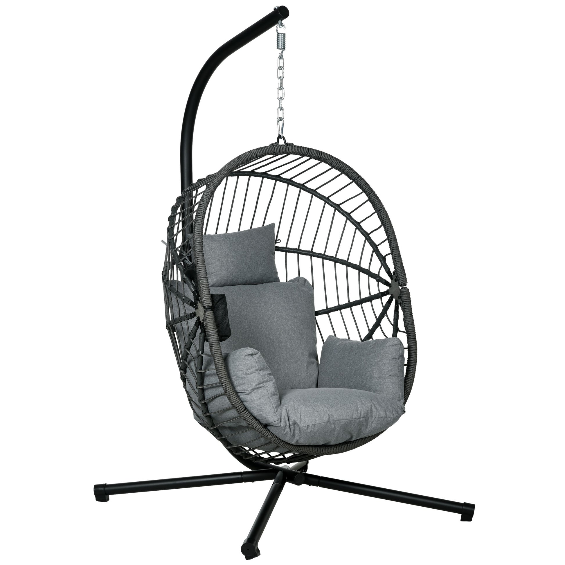 Outsunny Silla Colgante Huevo con Soporte Columpio Jardín Exterior con Cesta Plegable Cojín y Reposacabezas Columpio Colgante para Interior y Exterior Carga 120 kg Gris