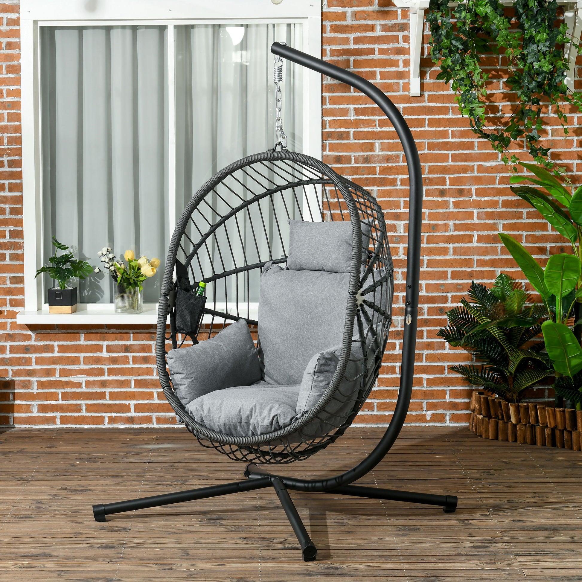 Outsunny Silla Colgante Huevo con Soporte Columpio Jardín Exterior con Cesta Plegable Cojín y Reposacabezas Columpio Colgante para Interior y Exterior Carga 120 kg Gris