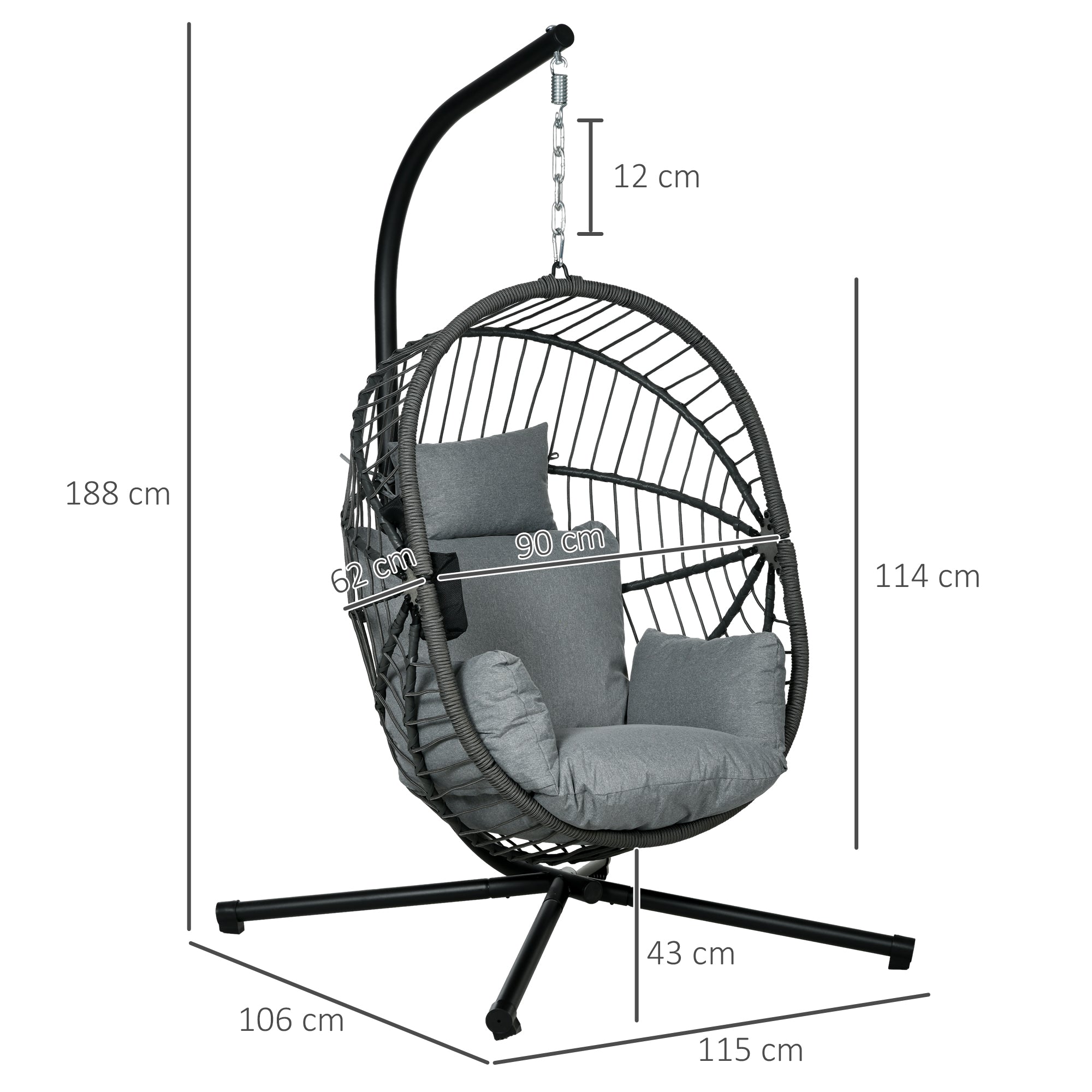 Outsunny Silla Colgante Huevo con Soporte Columpio Jardín Exterior con Cesta Plegable Cojín y Reposacabezas Columpio Colgante para Interior y Exterior Carga 120 kg Gris