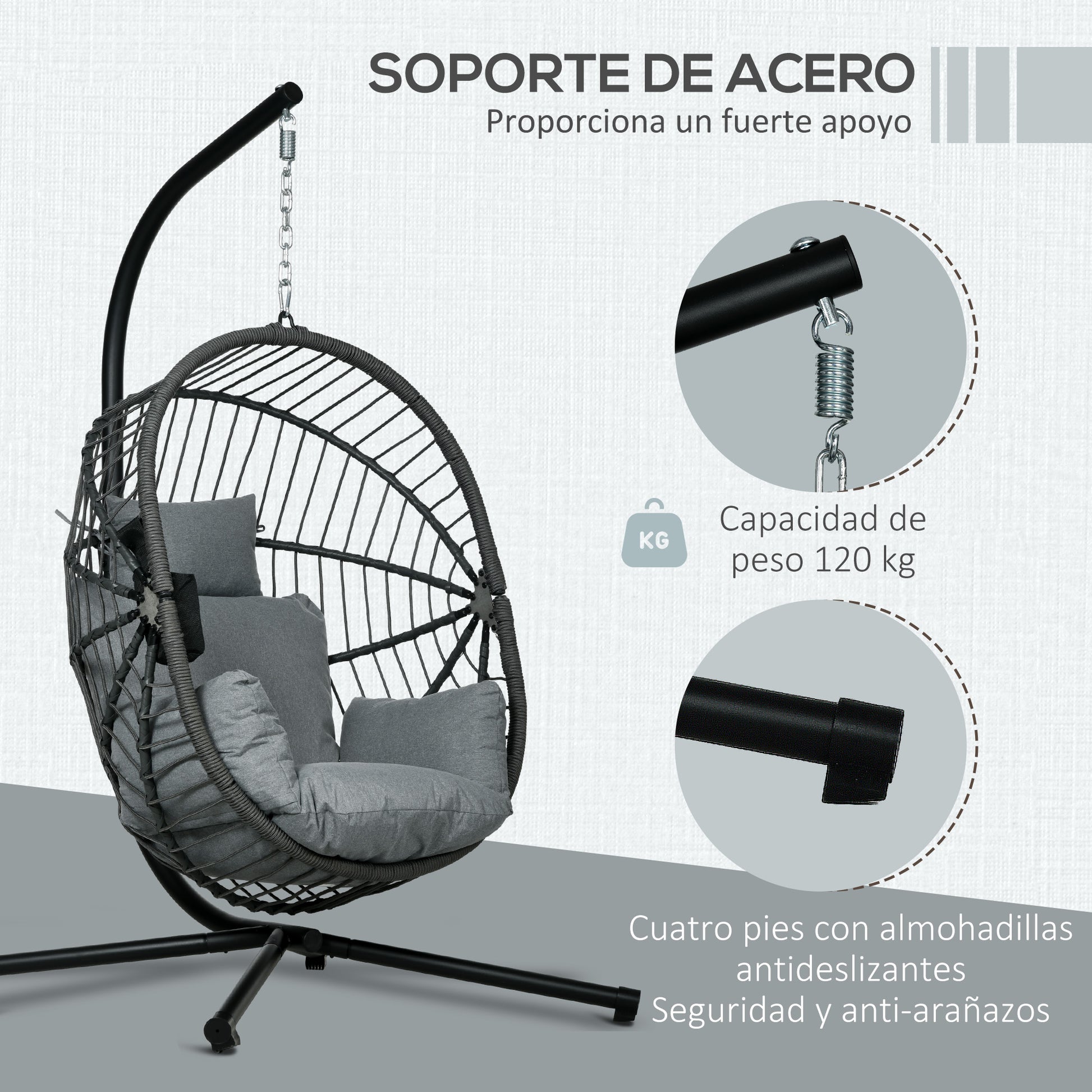 Outsunny Silla Colgante Huevo con Soporte Columpio Jardín Exterior con Cesta Plegable Cojín y Reposacabezas Columpio Colgante para Interior y Exterior Carga 120 kg Gris