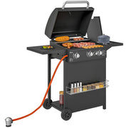 Outsunny Barbacoa de Gas BBQ Gas con 3+1 Quemadores 8,5 kW Barbacoa Portátil con Termómetro Mesa Lateral Parrilla Recogedor de Grasa 2 Ruedas para Jardín Exterior Camping Negro
