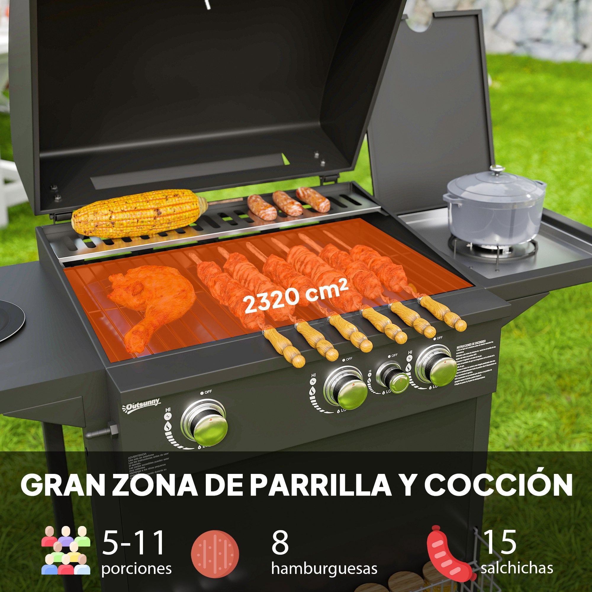 Outsunny Barbacoa de Gas BBQ Gas con 3+1 Quemadores 8,5 kW Barbacoa Portátil con Termómetro Mesa Lateral Parrilla Recogedor de Grasa 2 Ruedas para Jardín Exterior Camping Negro