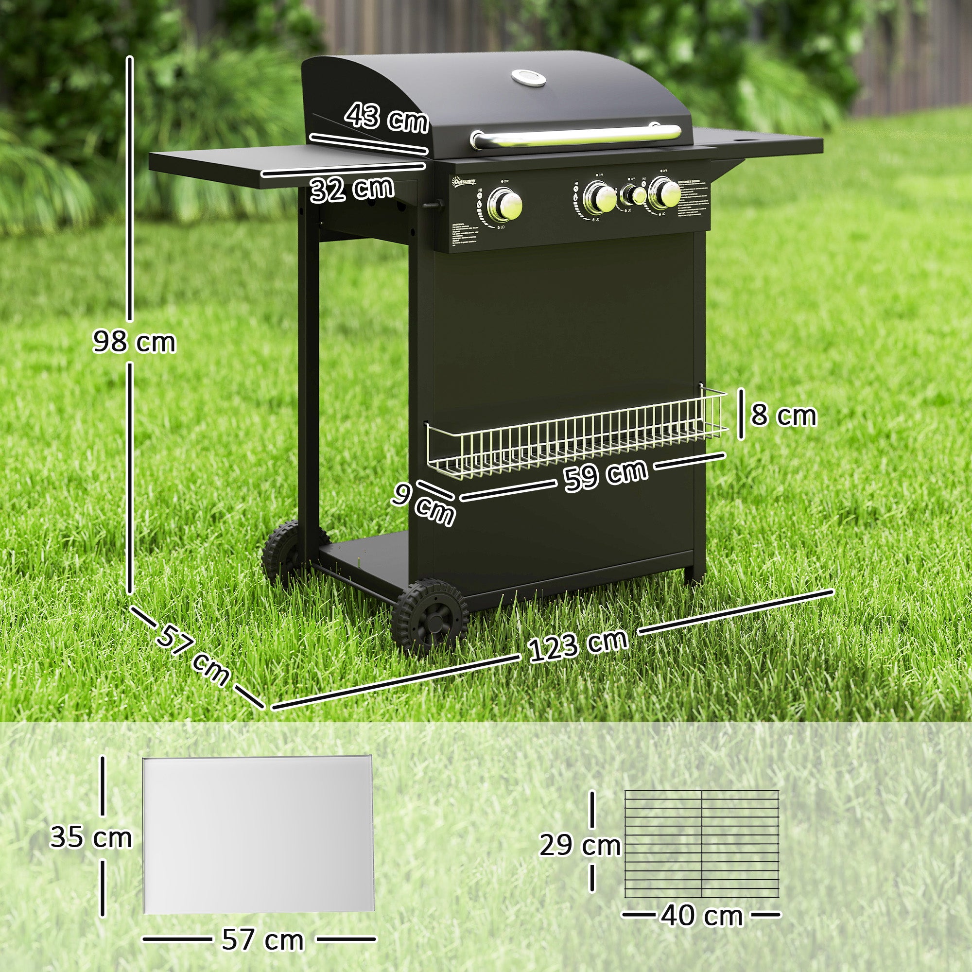Outsunny Barbacoa de Gas BBQ Gas con 3+1 Quemadores 8,5 kW Barbacoa Portátil con Termómetro Mesa Lateral Parrilla Recogedor de Grasa 2 Ruedas para Jardín Exterior Camping Negro