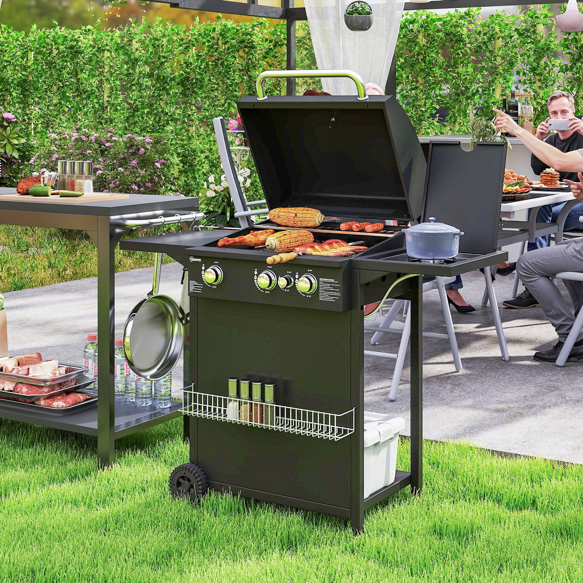 Outsunny Barbacoa de Gas BBQ Gas con 3+1 Quemadores 8,5 kW Barbacoa Portátil con Termómetro Mesa Lateral Parrilla Recogedor de Grasa 2 Ruedas para Jardín Exterior Camping Negro