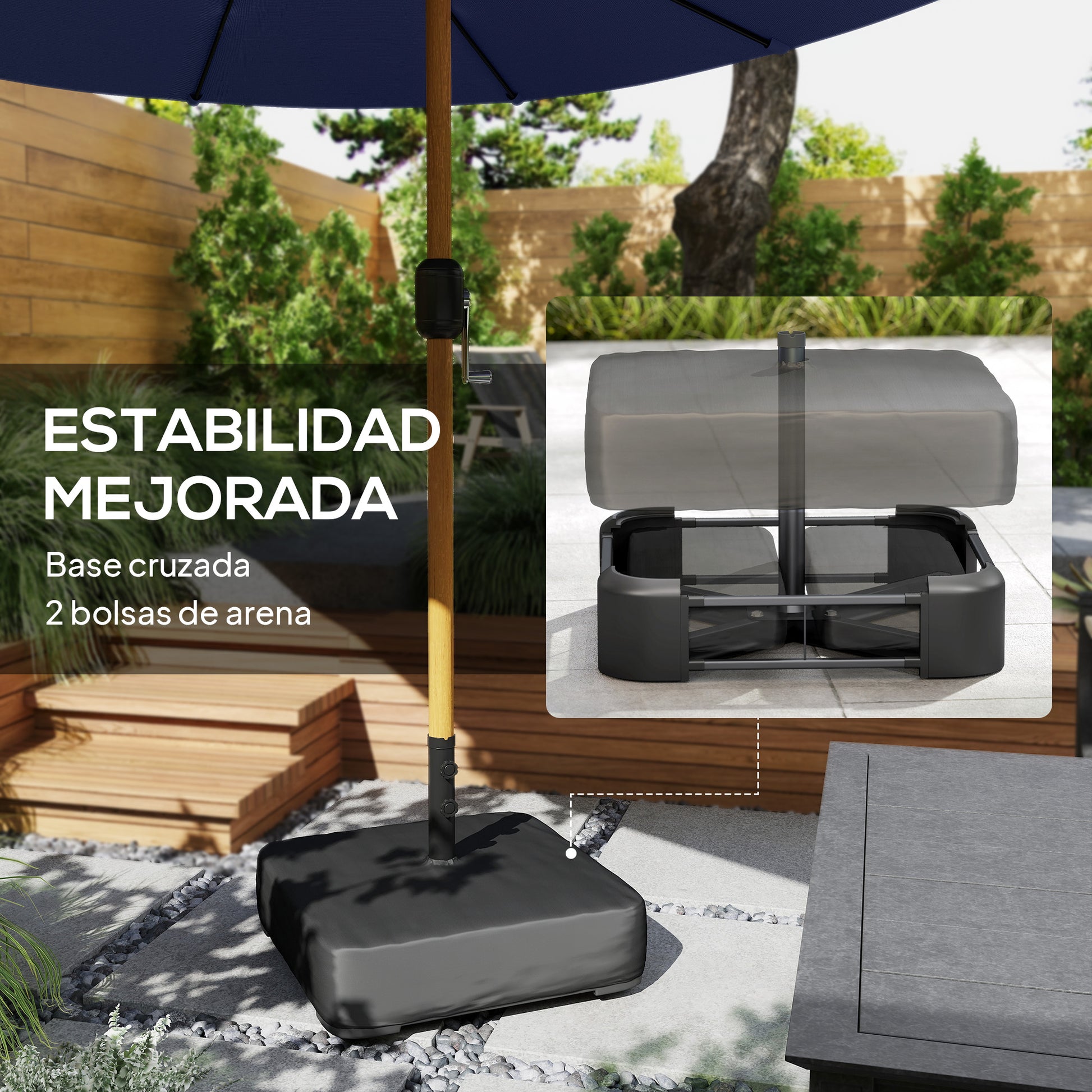 Outsunny Sombrilla Doble 4,7x2,8 m, Sombrilla Terraza Exterior con Base Incluida, Manivela Manual, Sacos de Arena y Funda, Anti-UV, Resistente al Agua, Parasol para Jardín, Terraza, Patio, Azul Oscuro