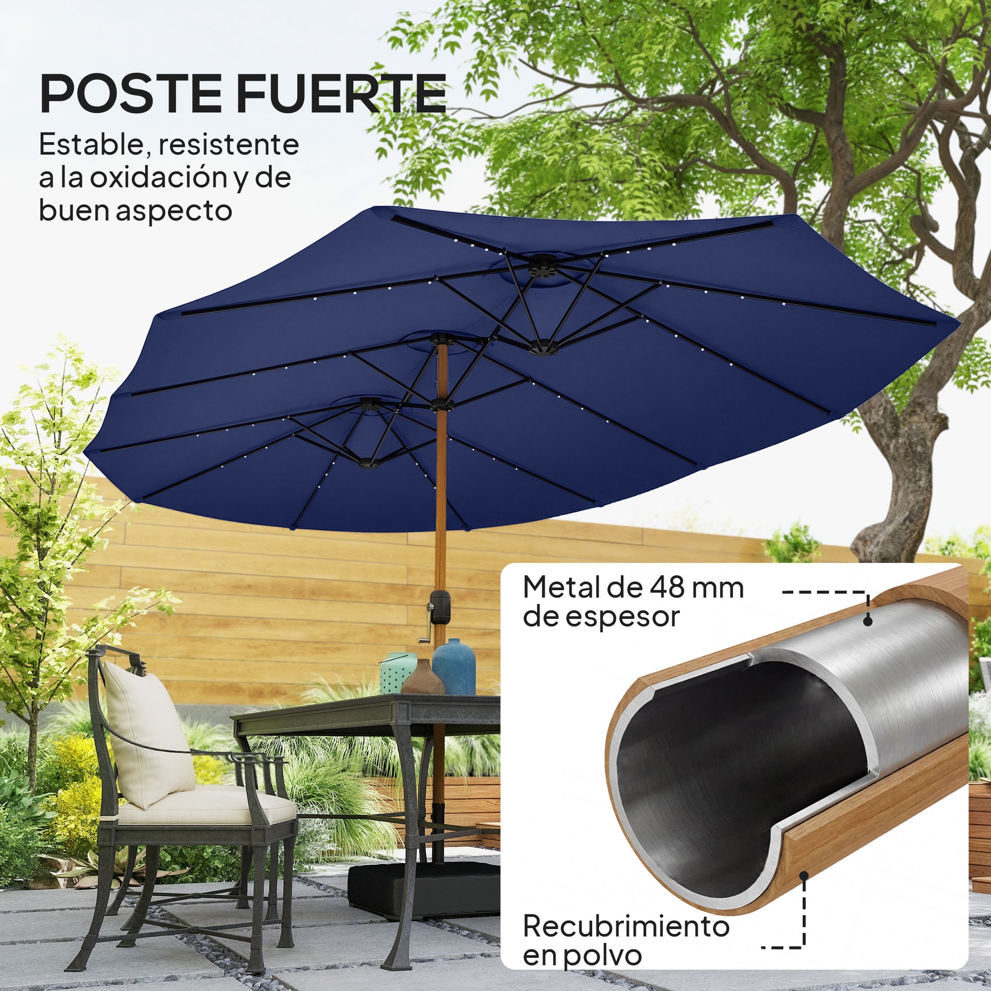 Outsunny Sombrilla Doble 4,7x2,8 m, Sombrilla Terraza Exterior con Base Incluida, Manivela Manual, Sacos de Arena y Funda, Anti-UV, Resistente al Agua, Parasol para Jardín, Terraza, Patio, Azul Oscuro