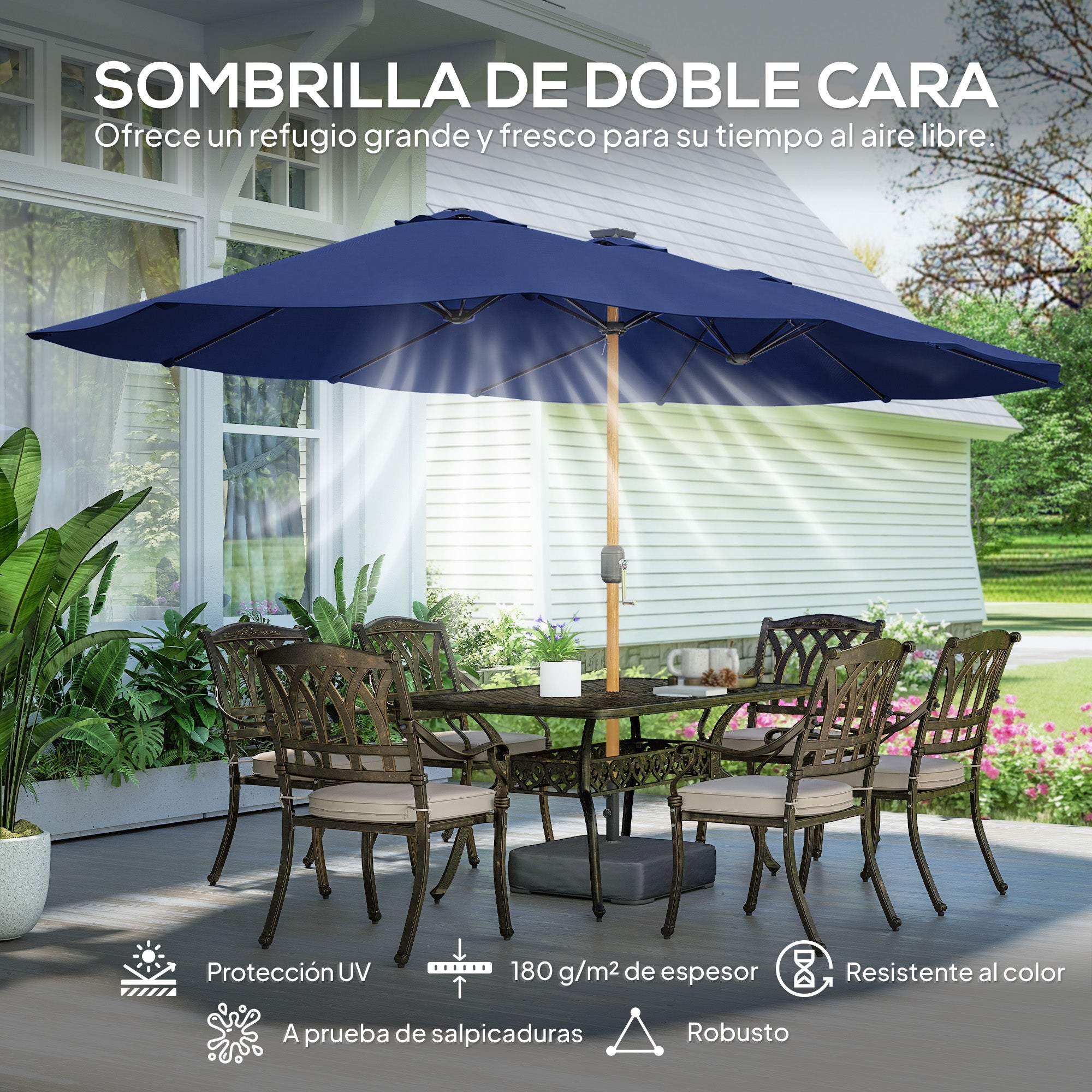 Outsunny Sombrilla Doble 4,7x2,8 m, Sombrilla Terraza Exterior con Base Incluida, Manivela Manual, Sacos de Arena y Funda, Anti-UV, Resistente al Agua, Parasol para Jardín, Terraza, Patio, Azul Oscuro