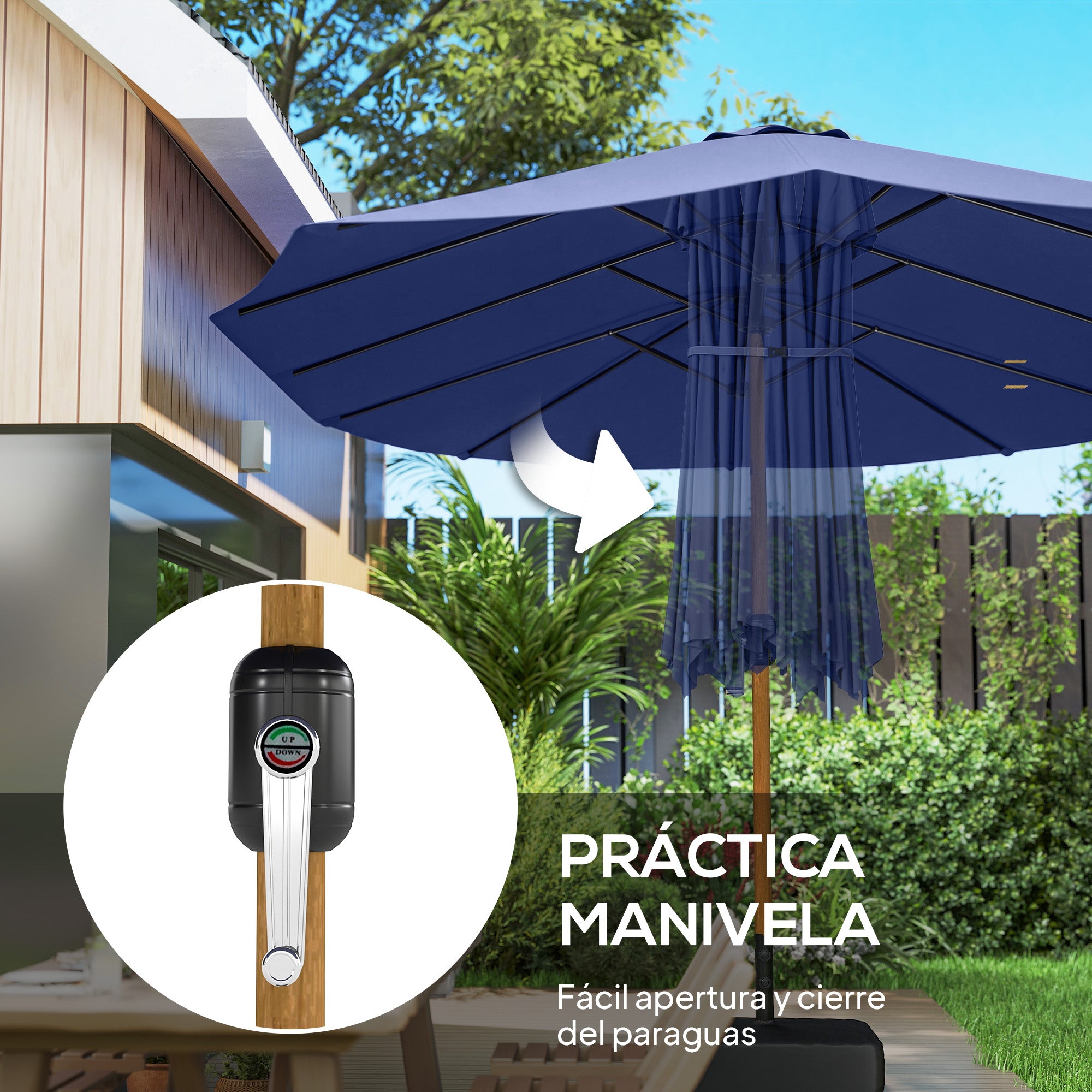 Outsunny Sombrilla Doble 4,7x2,8 m, Sombrilla Terraza Exterior con Base Incluida, Manivela Manual, Sacos de Arena y Funda, Anti-UV, Resistente al Agua, Parasol para Jardín, Terraza, Patio, Azul Oscuro