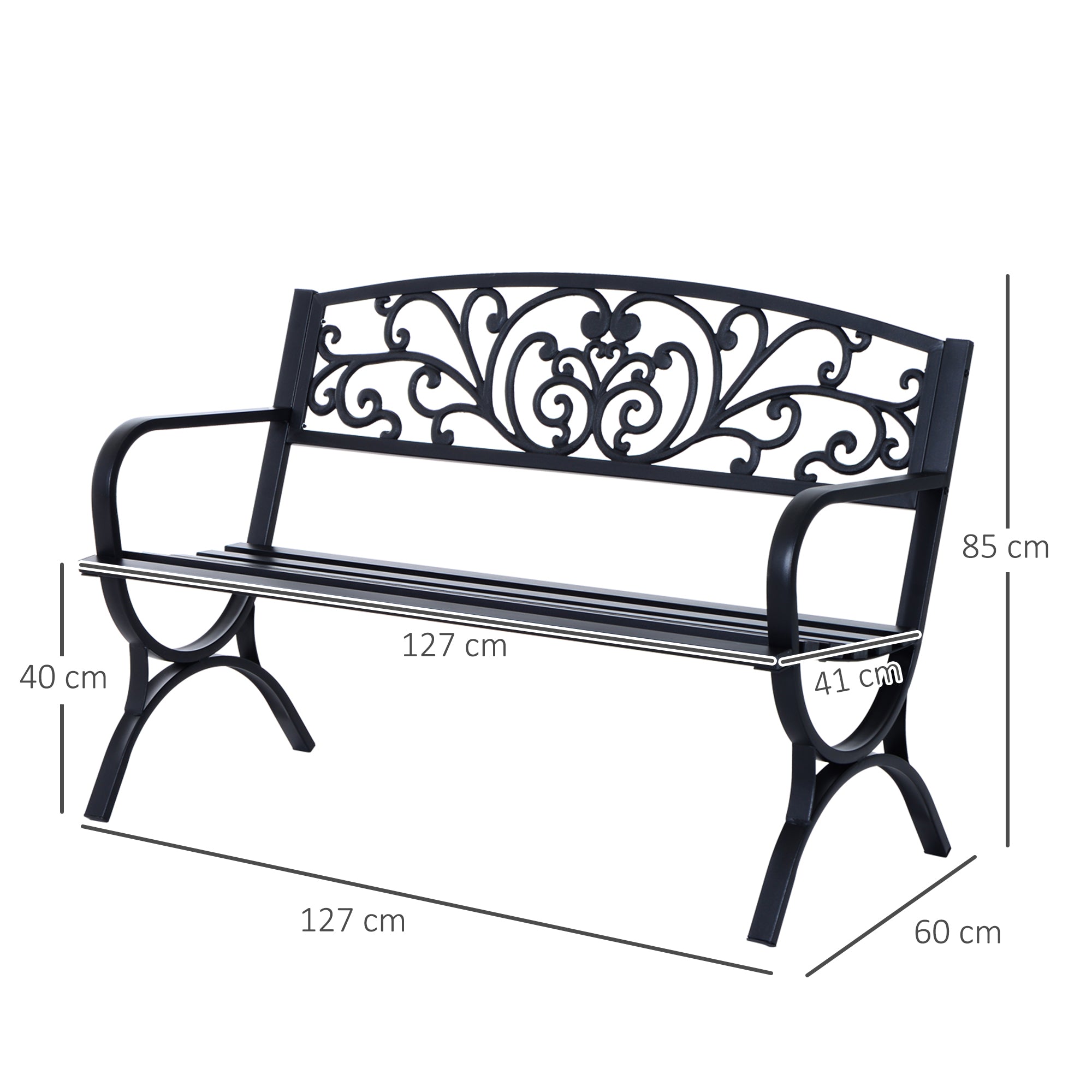 Outsunny Banco de Jardín de 2 Plazas Banco de Terraza de Hierro con Diseño Clásico Patrón Floral 127x60x85cm Negro