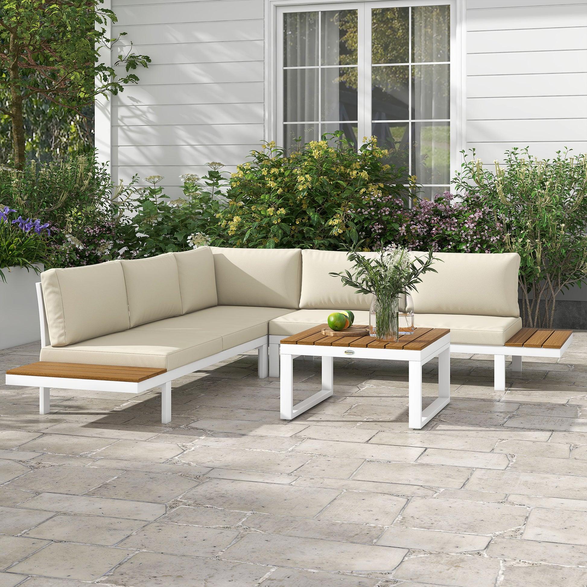 Outsunny Conjunto de Muebles de Jardín Exterior 4 Piezas Juego de Muebles de Terraza Incluye 2 Sofás Dobles 1 Sofá Esquinero Reclinable y Mesa de Centro con Cojines para Patio Crema