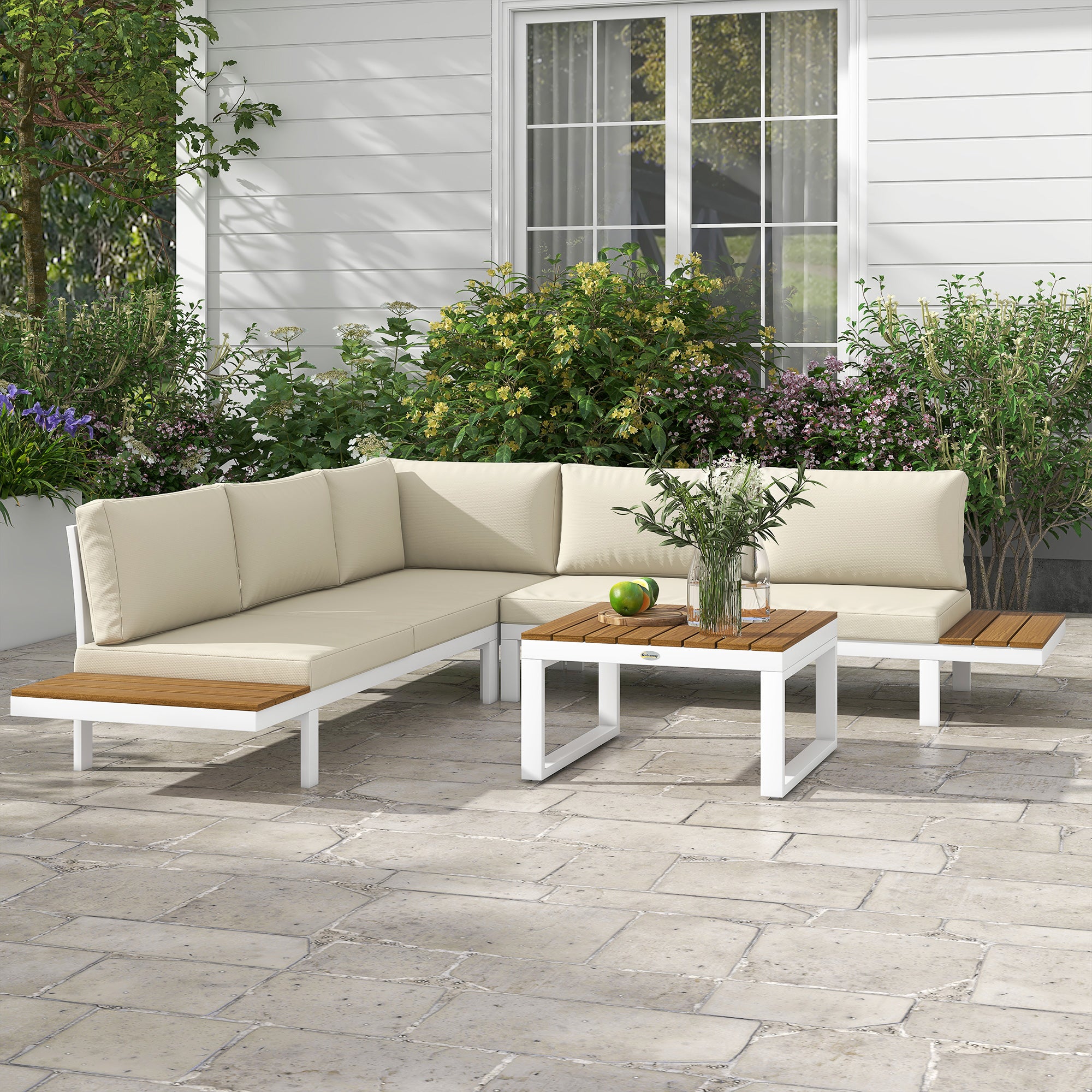Outsunny Conjunto de Muebles de Jardín Exterior 4 Piezas Juego de Muebles de Terraza Incluye 2 Sofás Dobles 1 Sofá Esquinero Reclinable y Mesa de Centro con Cojines para Patio Crema