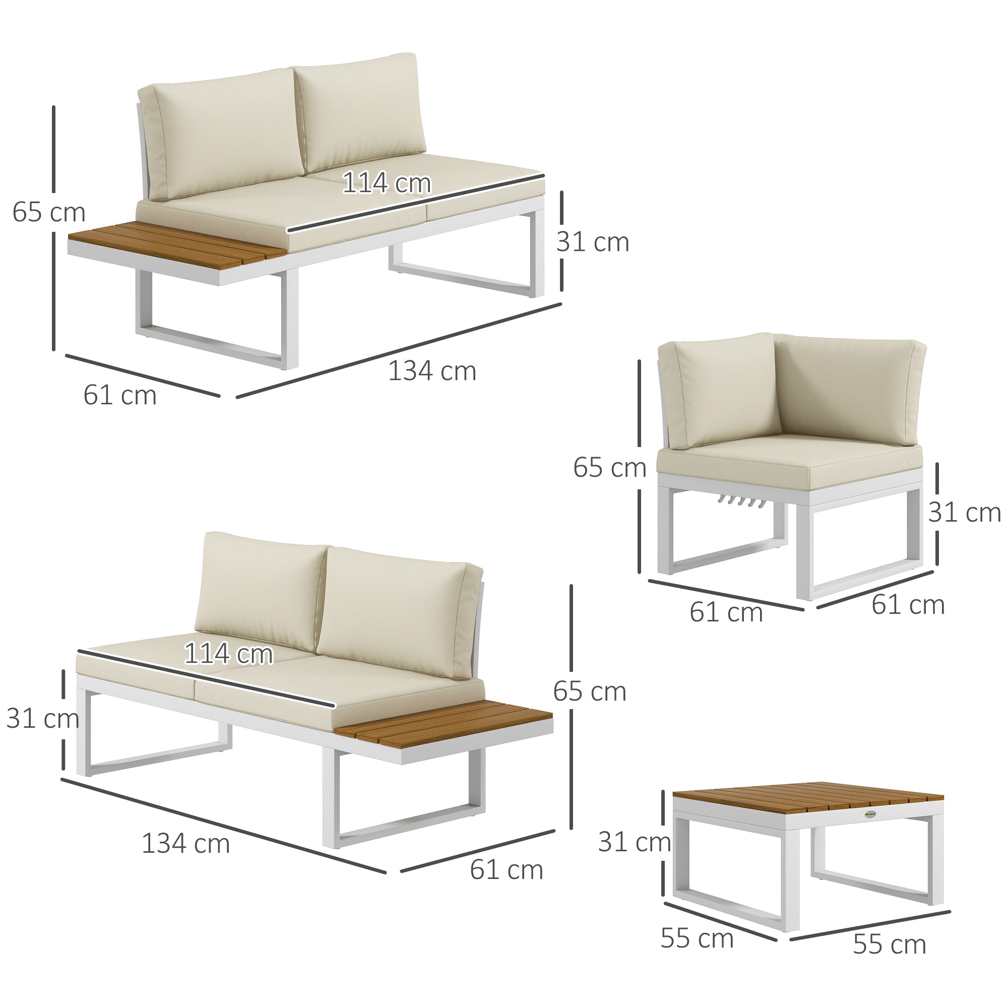 Outsunny Conjunto de Muebles de Jardín Exterior 4 Piezas Juego de Muebles de Terraza Incluye 2 Sofás Dobles 1 Sofá Esquinero Reclinable y Mesa de Centro con Cojines para Patio Crema