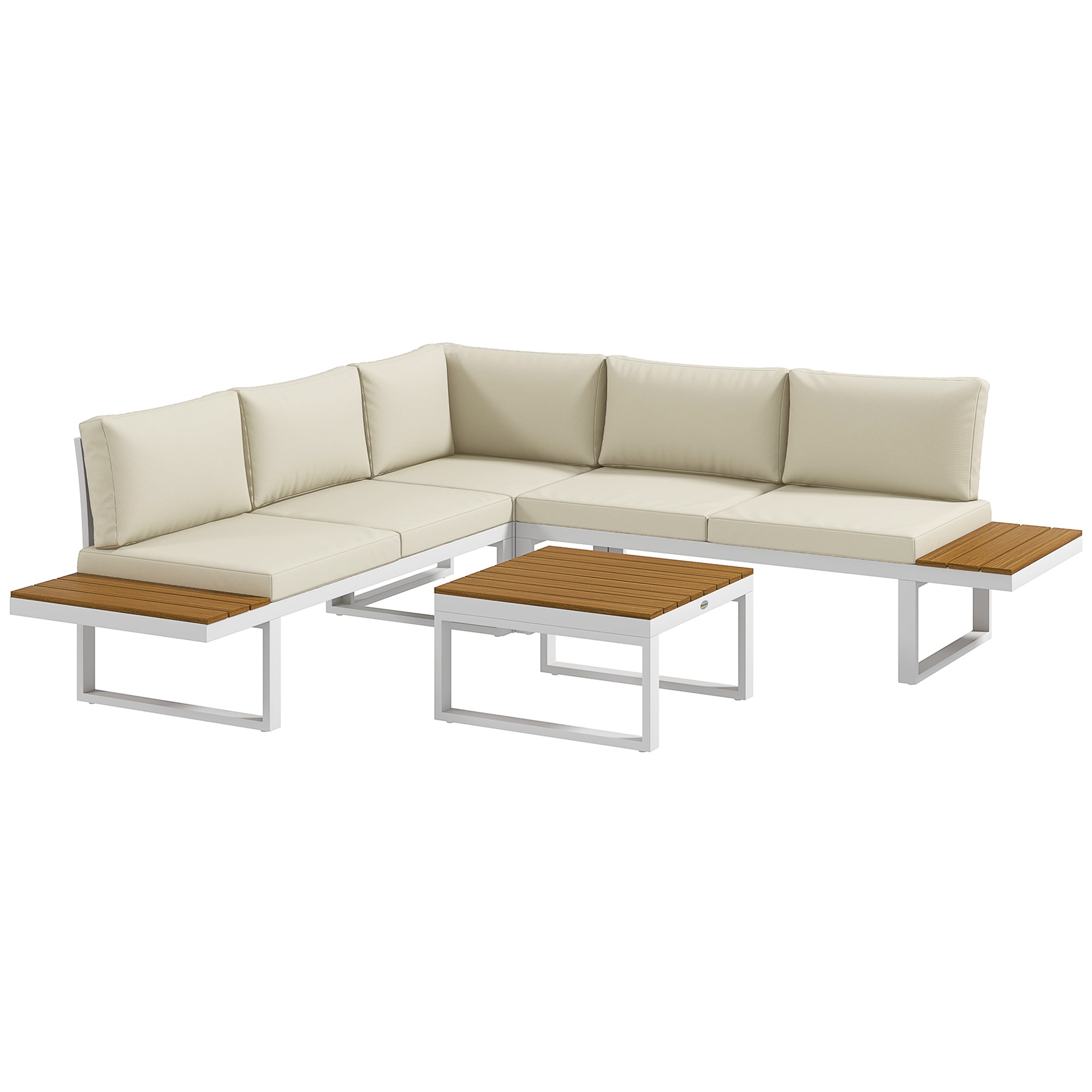 Outsunny Conjunto de Muebles de Jardín Exterior 4 Piezas Juego de Muebles de Terraza Incluye 2 Sofás Dobles 1 Sofá Esquinero Reclinable y Mesa de Centro con Cojines para Patio Crema