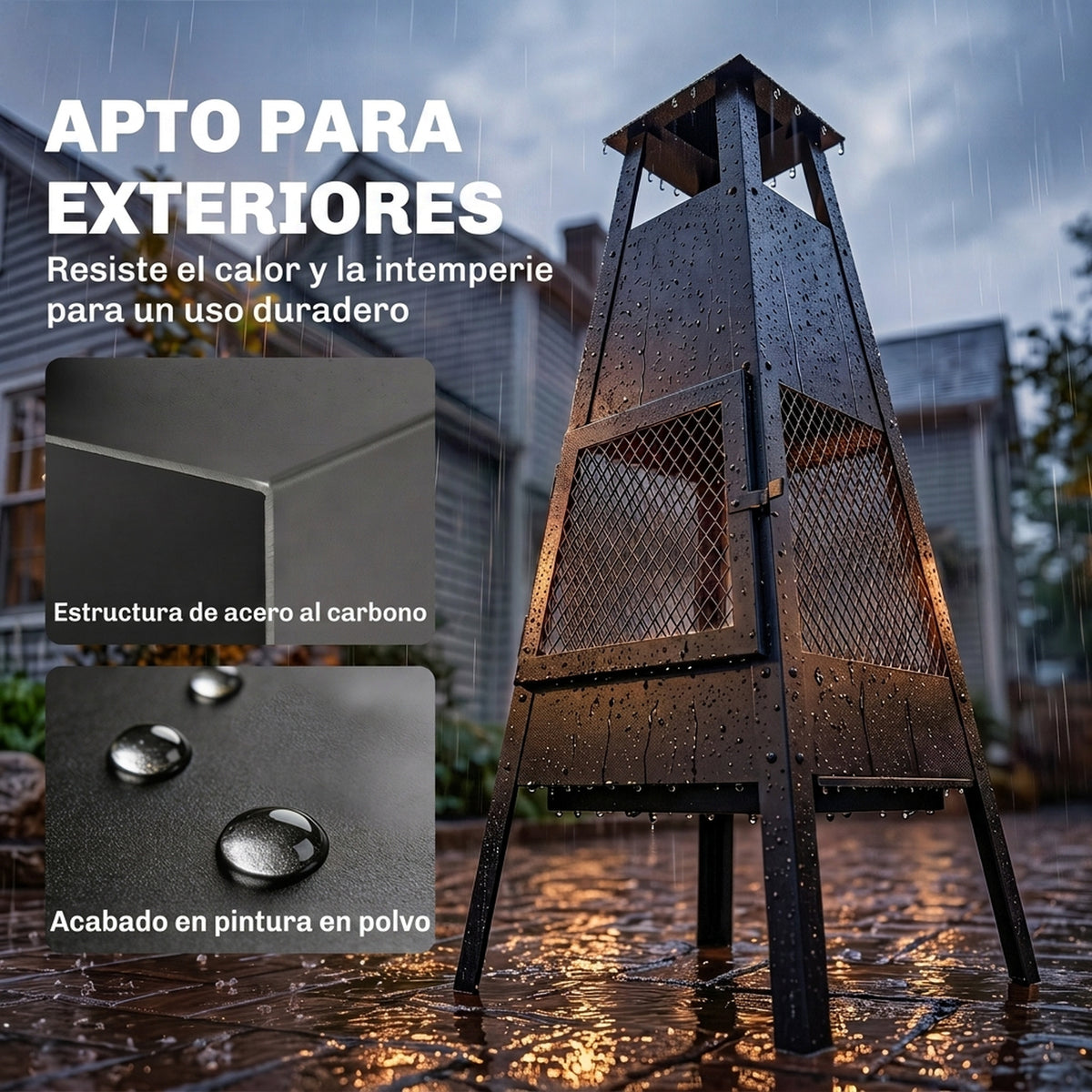 Outsunny Brasero Exterior con Chimenea Cónica, 41x40,5x97 cm, Brasero Exterior Jardín de Acero al Carbono con Malla Protectora, para Patio, Terraza, Camping, Fiesta, Negro
