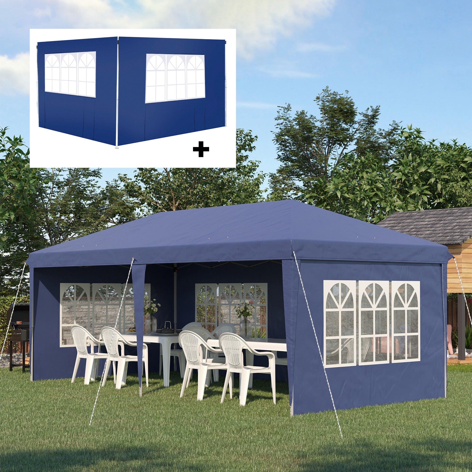 Outsunny Conjunto de Carpa Incluye 1 Carpa Plegable 6x3 m Impermeable con 4 Laterales Desmontables y 2 Paredes Laterales 3x2 m para Carpa 3x3 m o 3x6 m Azul