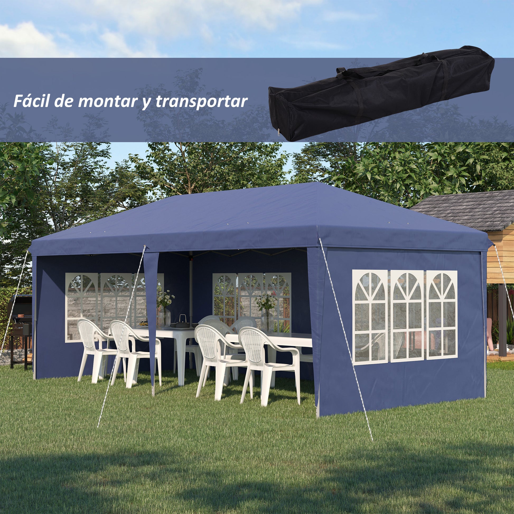 Outsunny Conjunto de Carpa Incluye 1 Carpa Plegable 6x3 m Impermeable con 4 Laterales Desmontables y 2 Paredes Laterales 3x2 m para Carpa 3x3 m o 3x6 m Azul