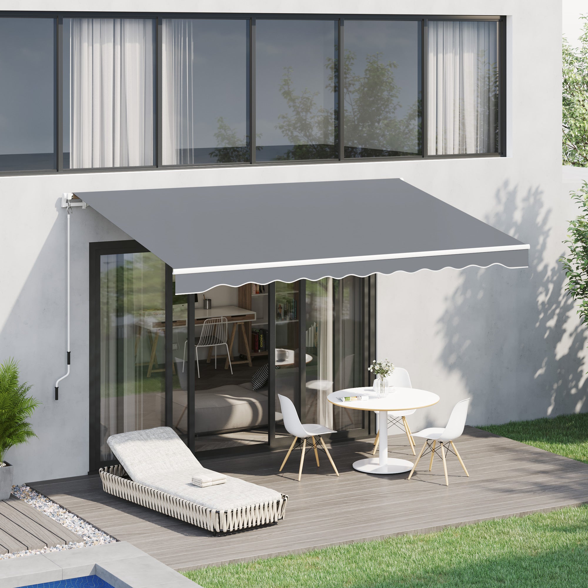 Outsunny Toldo Manual Retráctil 395x245 cm, Toldo Exterior Terraza con Ángulo Ajustable, Brazo Articulado, Montaje a Pared, Estructura de Aluminio, Anti-UV e Impermeable, para Jardín, Gris